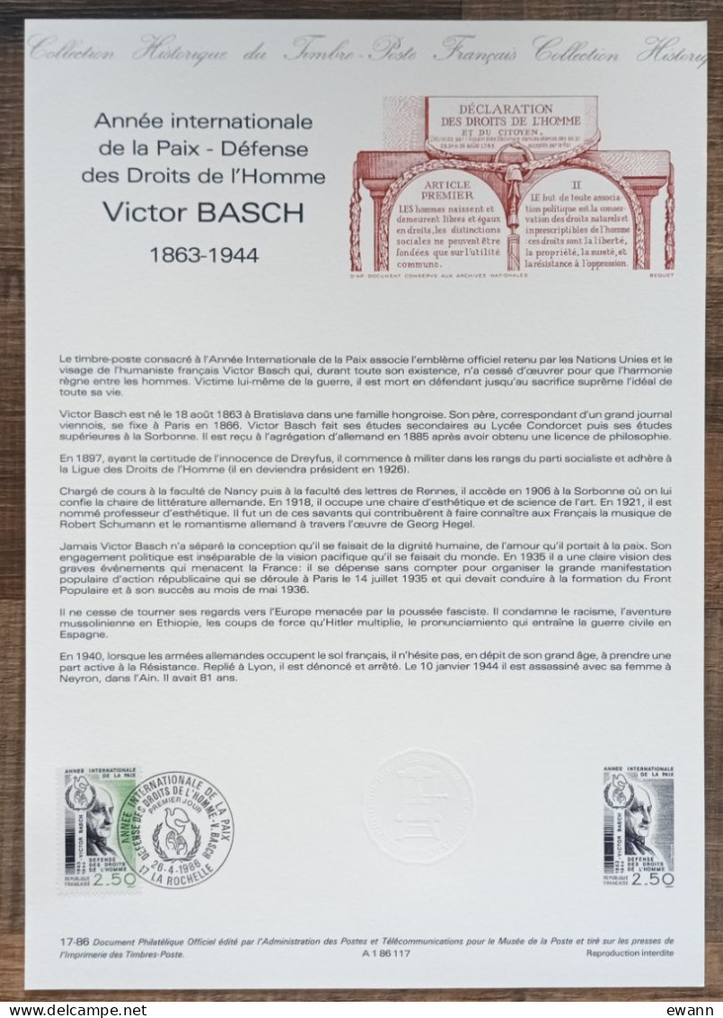 COLLECTION HISTORIQUE - YT N°2415 - ANNEE INTERNATIONALE DE LA PAIX / VICTOR BASCH - 1986 - 1980-1989