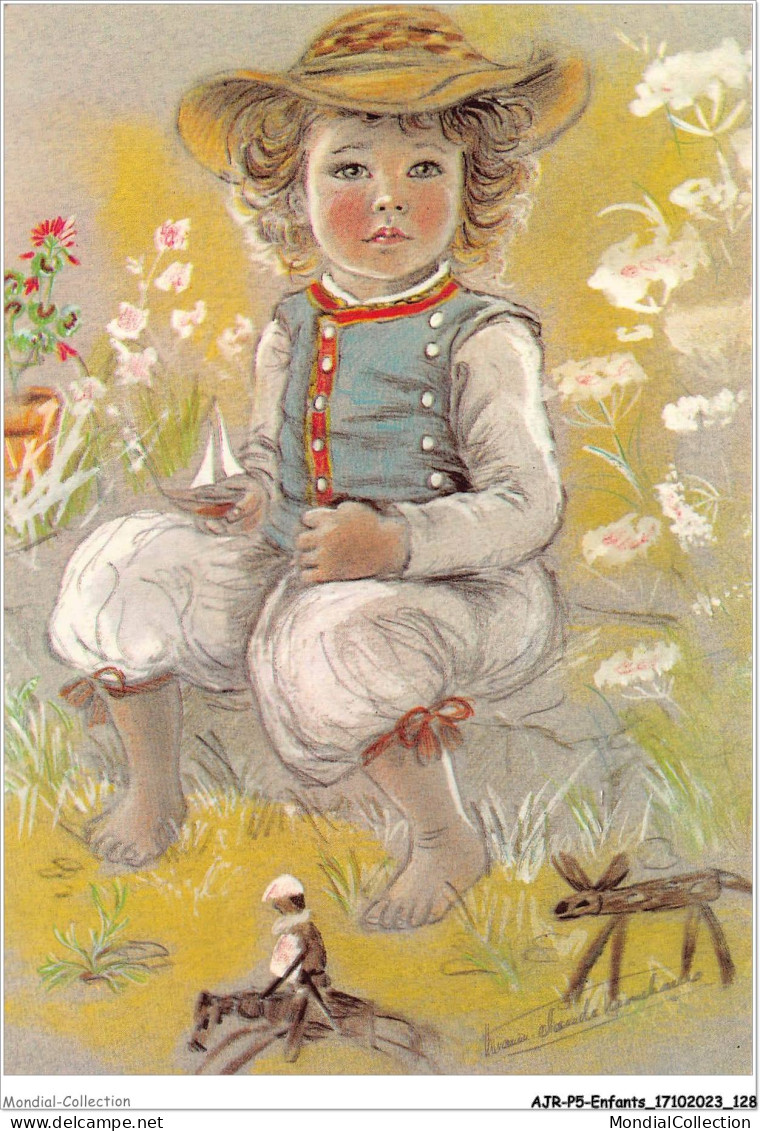 AJRP5-0492 - ENFANTS - LES ENFANTS BRETONS DE MARIE-CLAUDE MONCHAUX - PETIT GARCON EN COSTUME DE DOUARNENEZ - Kinder-Zeichnungen