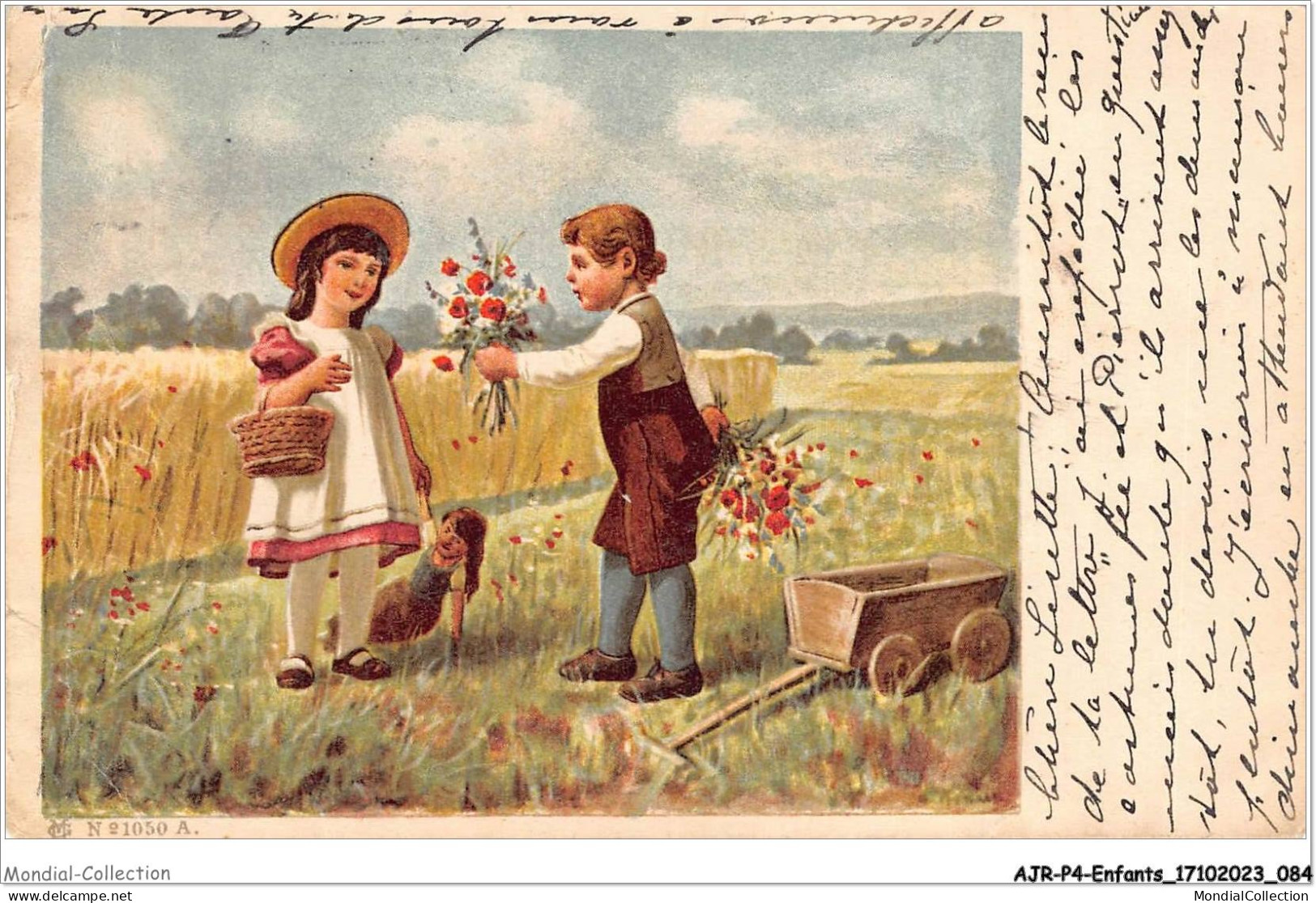 AJRP4-0387 - ENFANTS - DEUX ENFANTS S'OFFRANT DES FLEURS DANS UN JARDIN  - Kindertekeningen