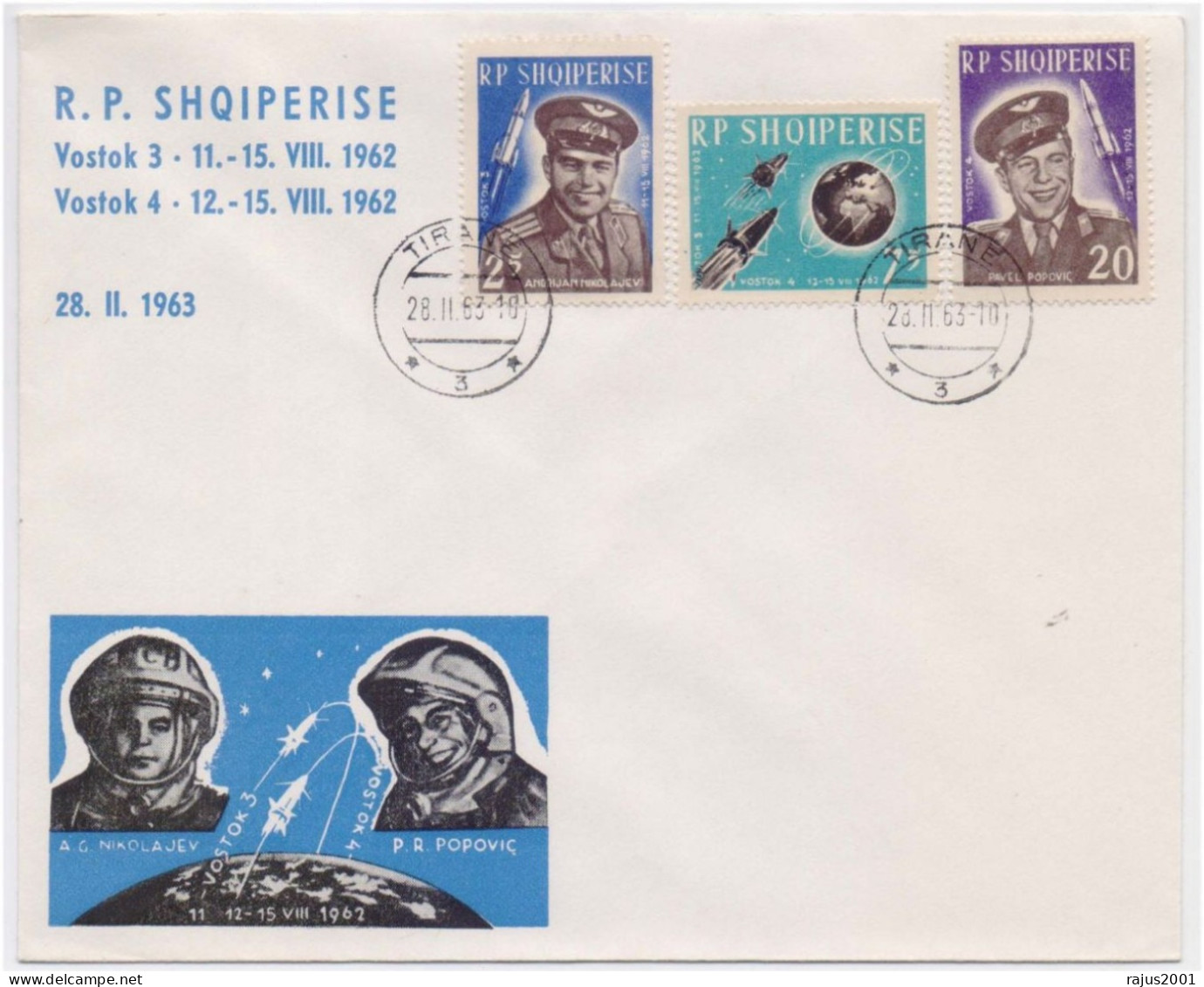 Andriyan Nikolayev & Pavel Popovich Soviet Cosmonaut, Mission Vostok 3/4, Rocket, Space Orbit, Astronaut, Albania FDC - Astronomia