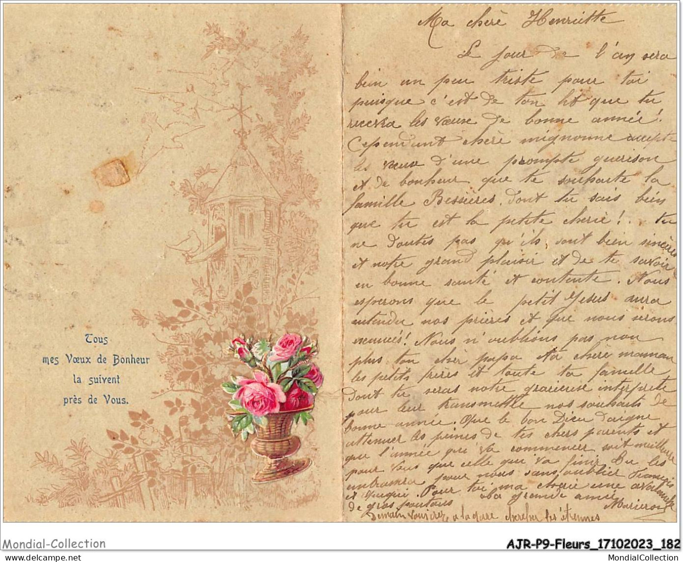 AJRP9-0976 - FLEURS - PANIER DE ROSES CARTE DOUBLE LETTRE - Flowers