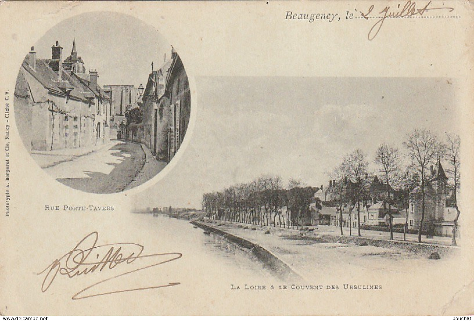 XXX -(45) BEAUGENCY - MULTIVUES : RUE PORTE TAVERS , LOIRE ET COUVENT DES URSULINES - ED. BERGERET , NANCY - 2 SCANS - Beaugency