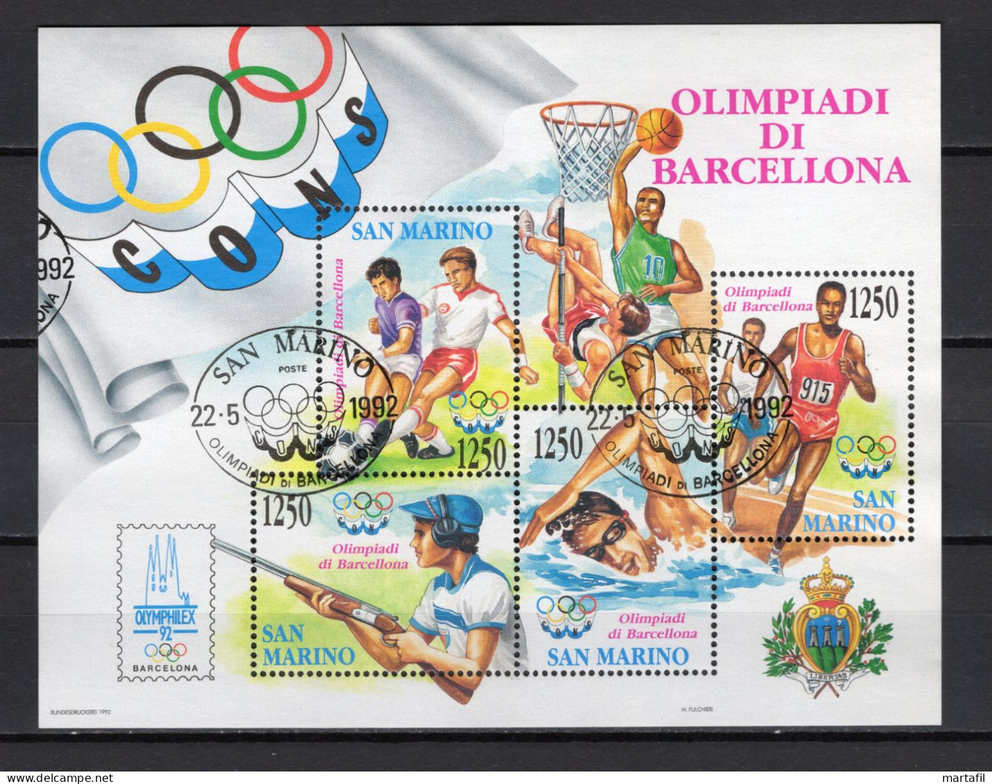 1992 SAN MARINO BF 35 USATO Partecipazione Atleti Sammarinesi XXV Olimpiadi Di Barcellona, Sport - Blocks & Sheetlets