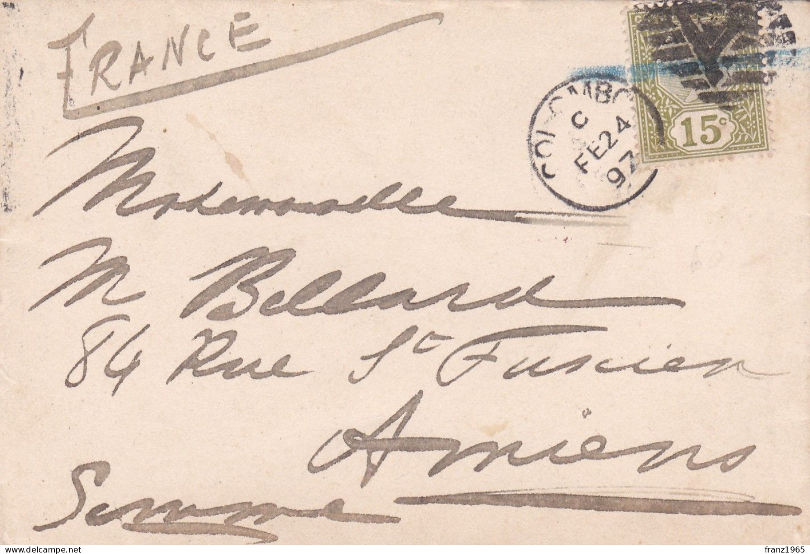 From Ceylon To France - 1897 - Ceylon (...-1947)