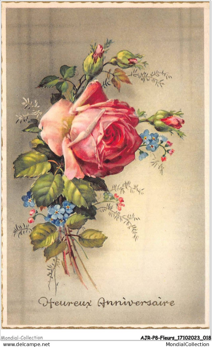 AJRP8-0793 - FLEURS - HEUREUX ANNIVERSAIRE - ROSE  - Blumen