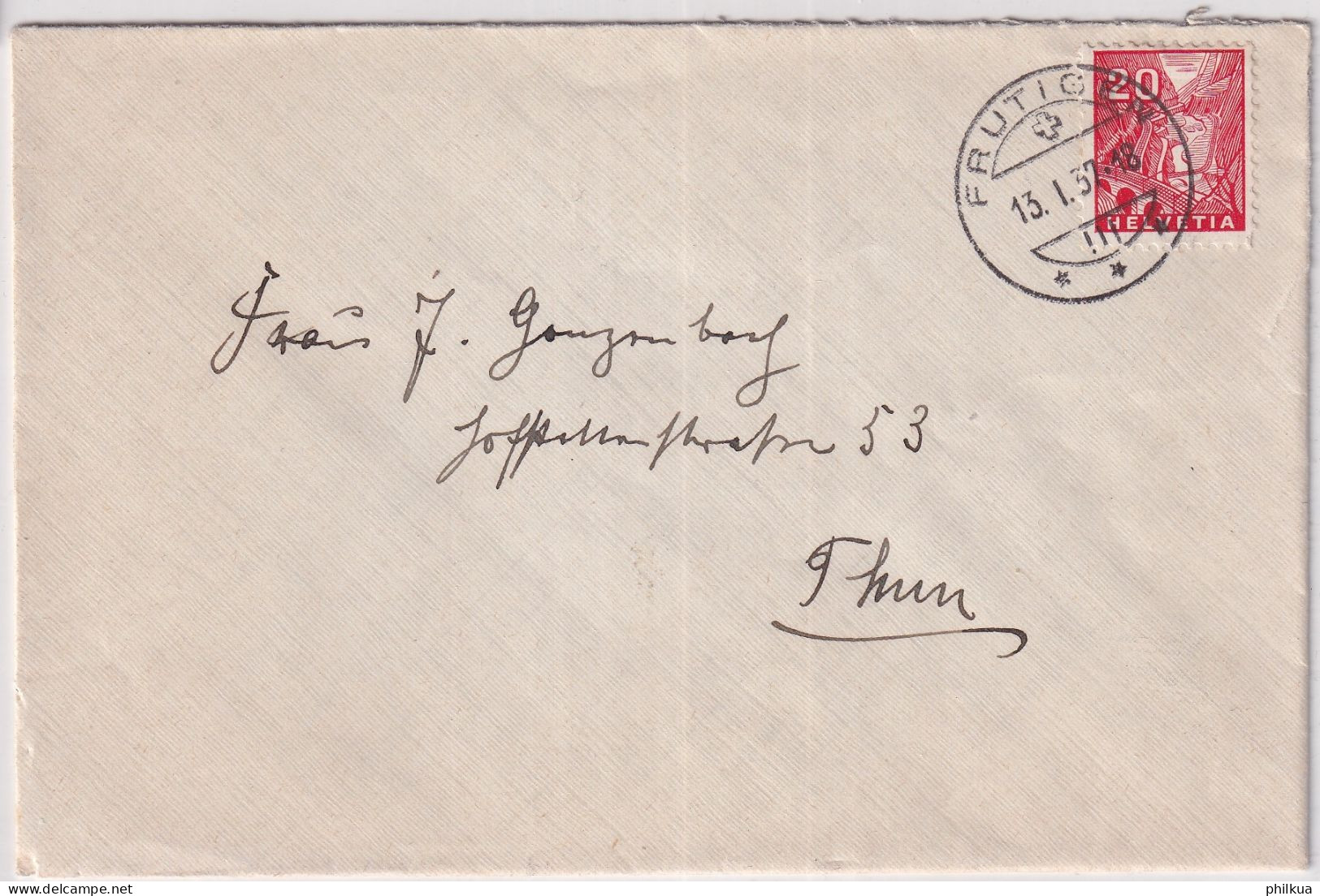 Zum. 198 / Mi. 274 Einzelfrankatur Auf Brief Gelaufen 1937 Von FRUTIGEN (Bern) Nach Thun - Lettres & Documents