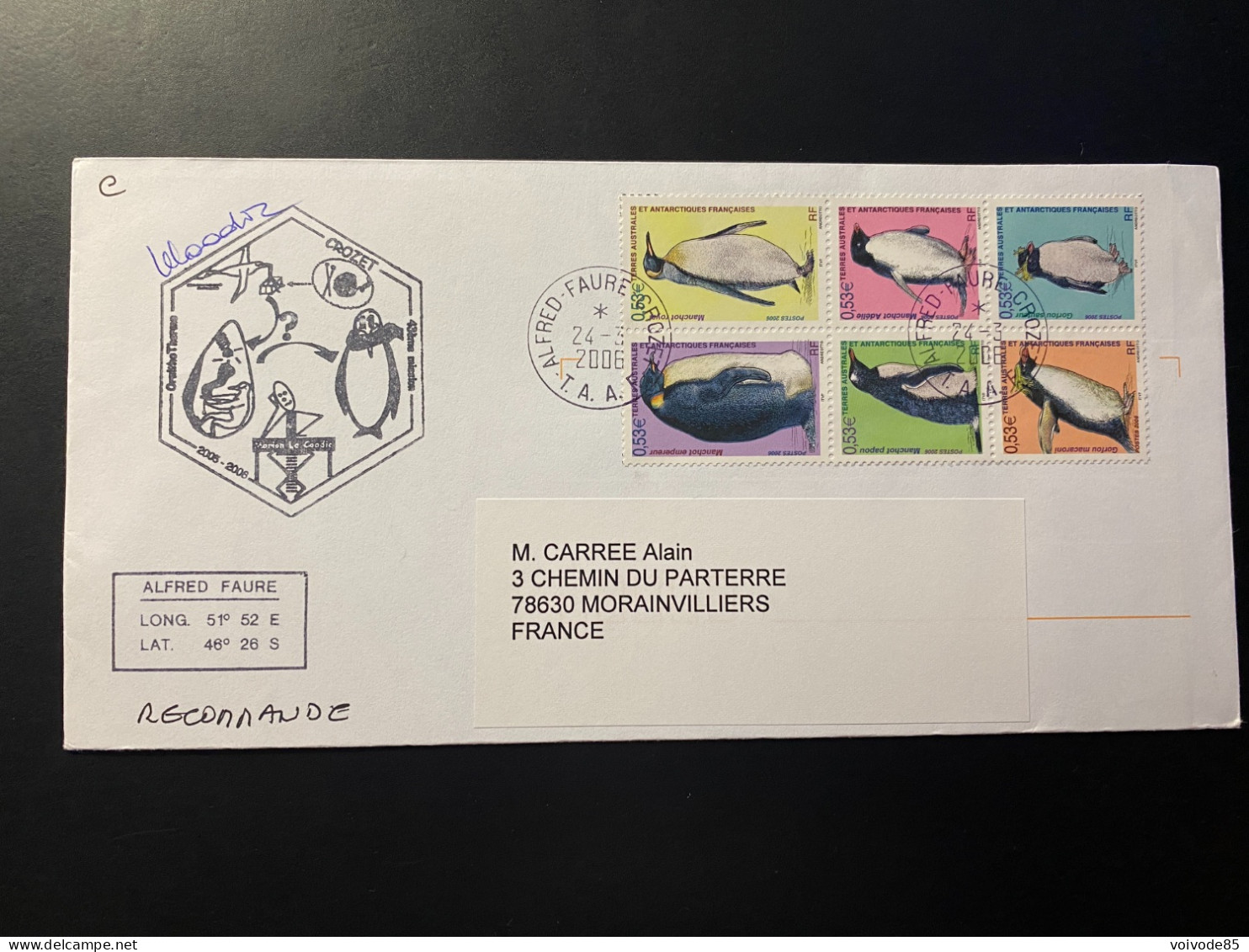 Lettre "Faune - Oiseaux - Manchots" 24/03/2006 - 445/450 - TAAF - Crozet  - Gorfou - Storia Postale