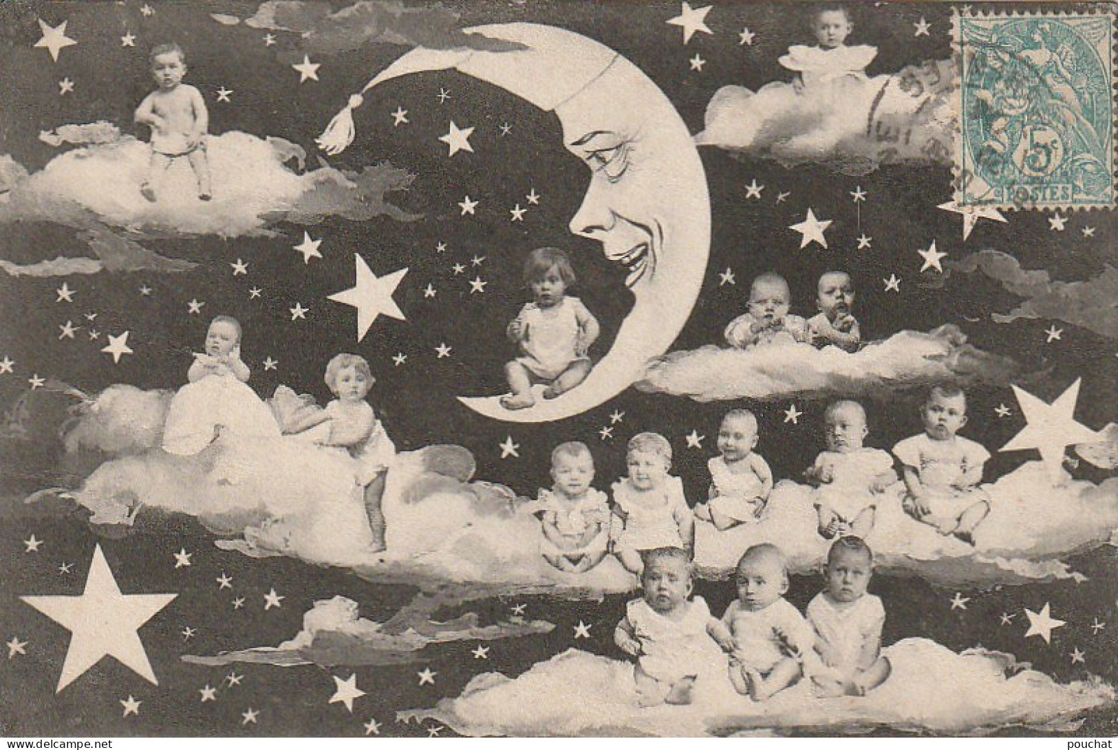 XXX - GROUPE DE BEBES SUR NUAGES ET LUNE DANS CIEL ETOILE - 2 SCANS - Groupes D'enfants & Familles