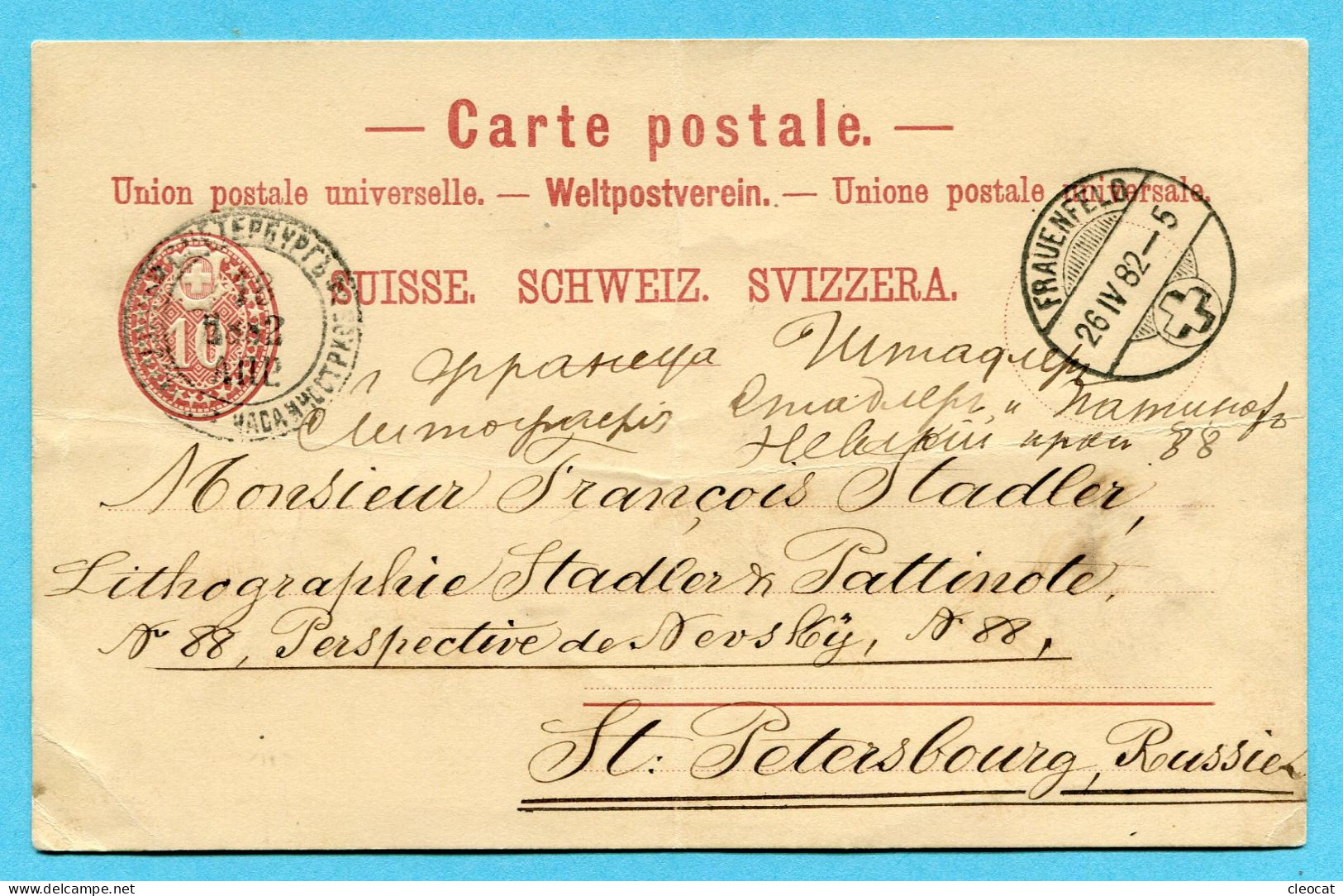 Postkarte Von Frauenfeld Nach St. Petersbourg 1882 - Postwaardestukken