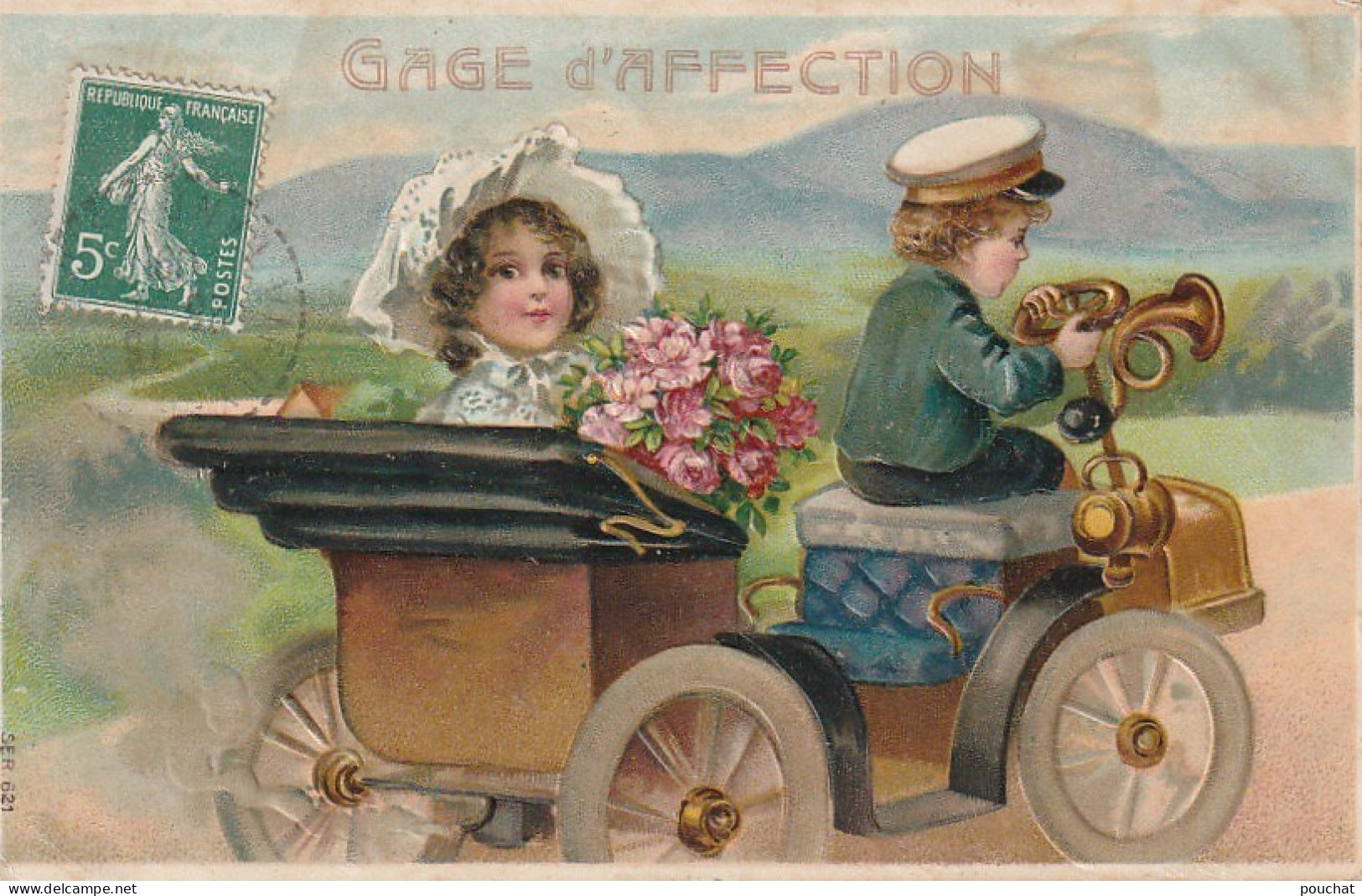 XXX -  " GAGE D' AFFECTION " - PROMENADE EN VOITURE - CARTE FANTAISIE GAUFREE - 2 SCANS - Scènes & Paysages