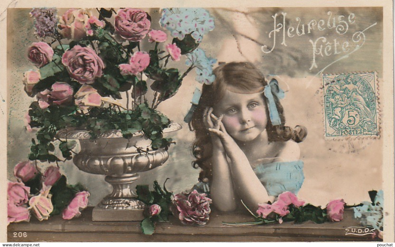 XXX - " HEUREUSE FETE " - PORTRAIT DE FILLETTE AVEC RUBANS ET COUPE DE FLEURS - CARTE COLORISEE - 2 SCANS - Other & Unclassified