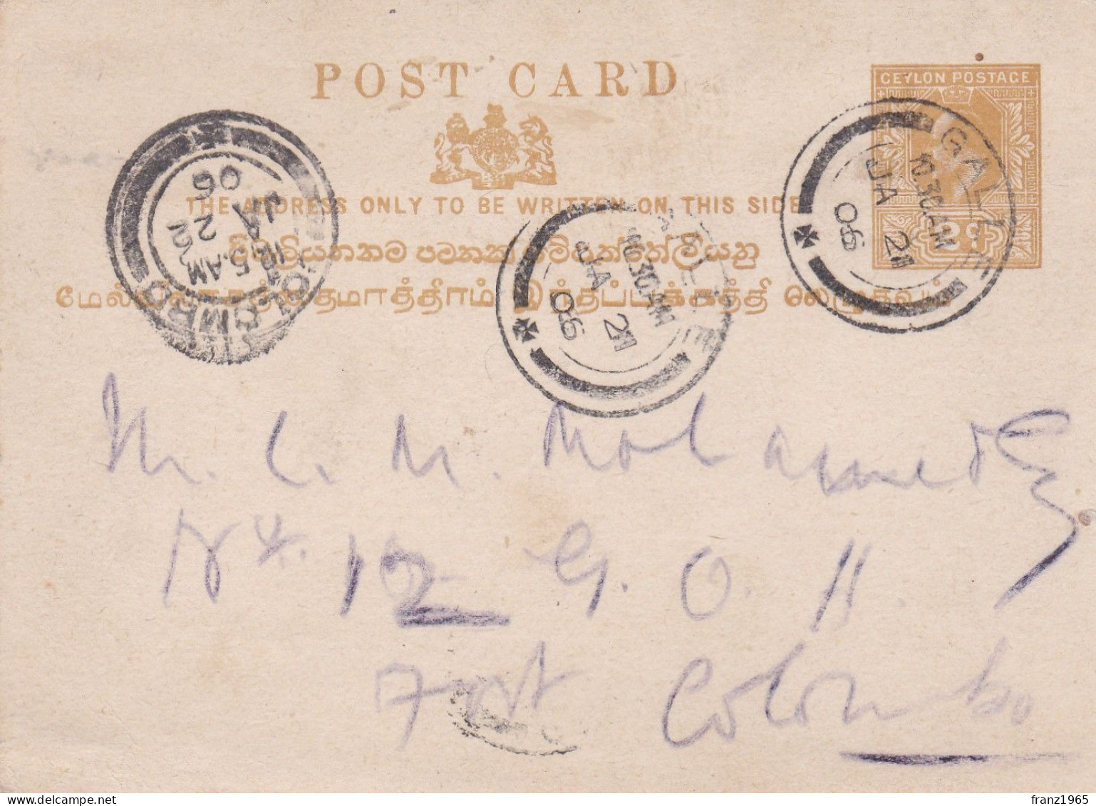Post Card Ceylon - 1906 - Ceilán (...-1947)