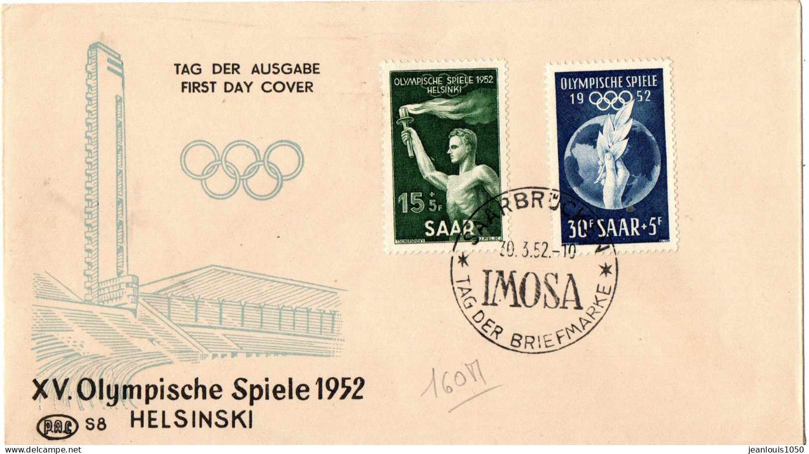 ALLEMAGNE SARRE YT N°301 ET 302 OBLITERES SUR LETTRE PREMIER JOUR(FDC) ILLUSTREE SPORTS JEUX OLYMPIQUES HELSINSKI - Poste Aérienne & Zeppelin