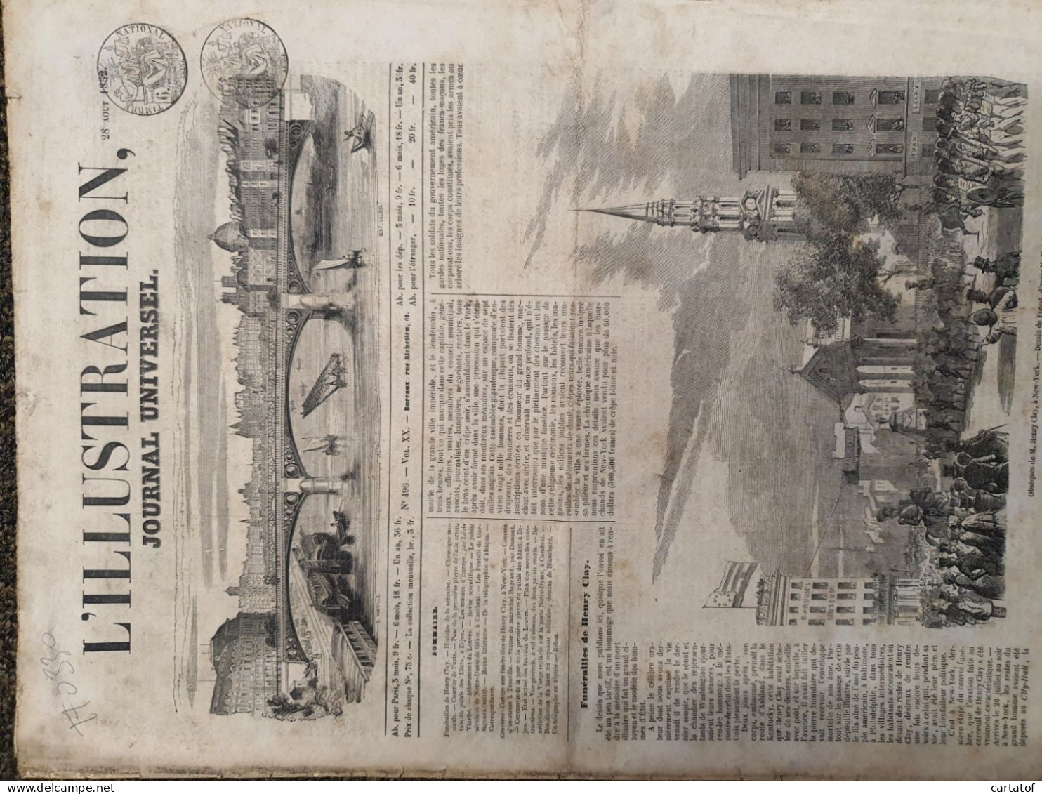 L'ILLUSTRATION Journal Universel 28 Aout 1852 ; Obsèque De M..Henry Clay à Nex-York  - 1850 - 1899