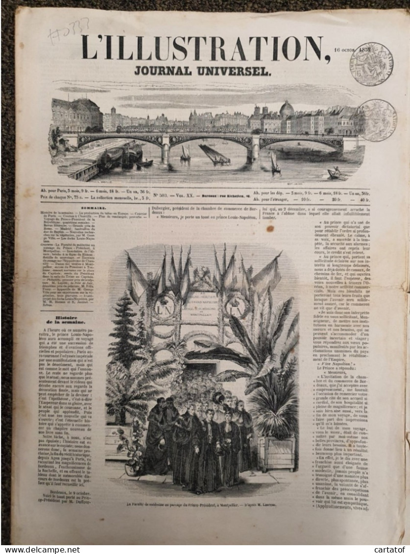 L'ILLUSTRATION Journal Universel 16 Octobre 1852 . La Faculté De Médecine Au Passage Du Prince Président à Montpellier - 1850 - 1899