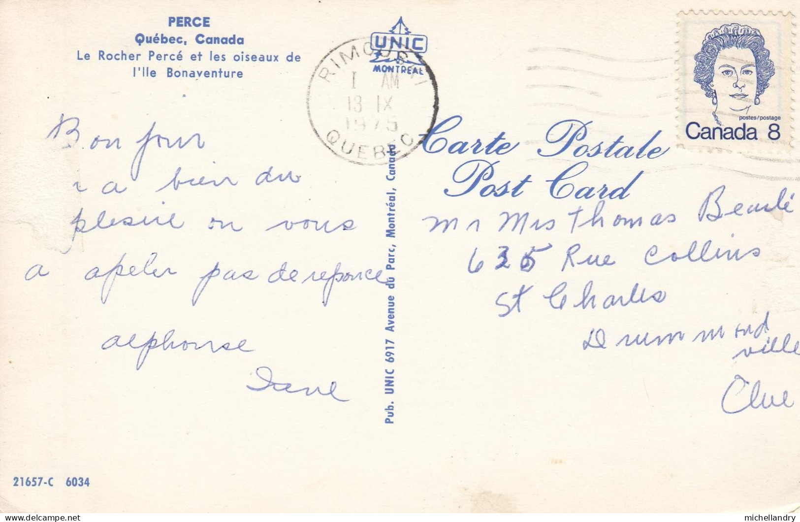 Carte Postal (124056/122330) Le Rocher Percé Et Les Oiseaux De L’Ile Bonaventure 13 IX 1975 Timbre 8 Cents Canada - Percé