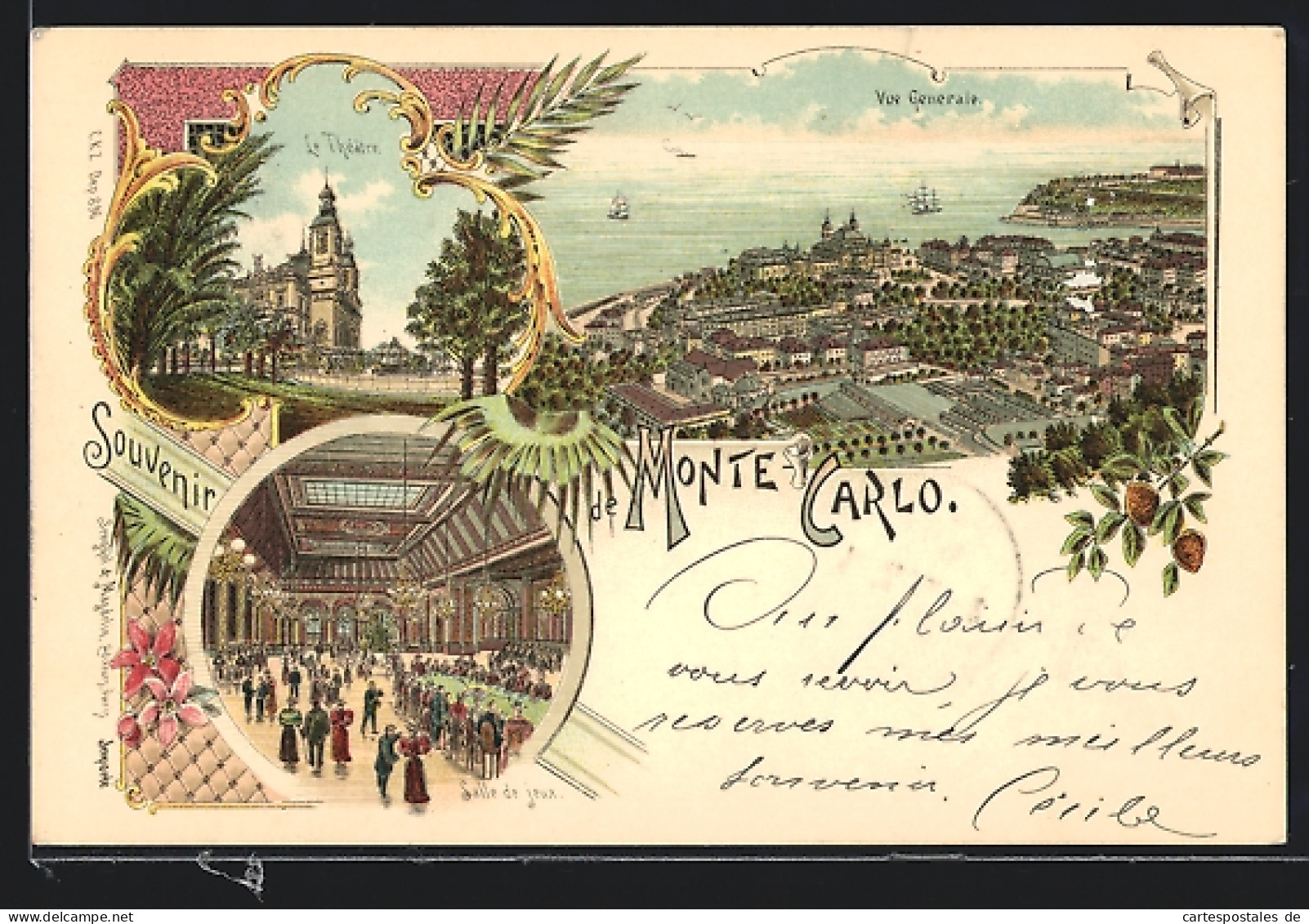 Lithographie Monte Carlo, Salle De Jeux, Le Théatre, Vue Generale  - Sonstige & Ohne Zuordnung