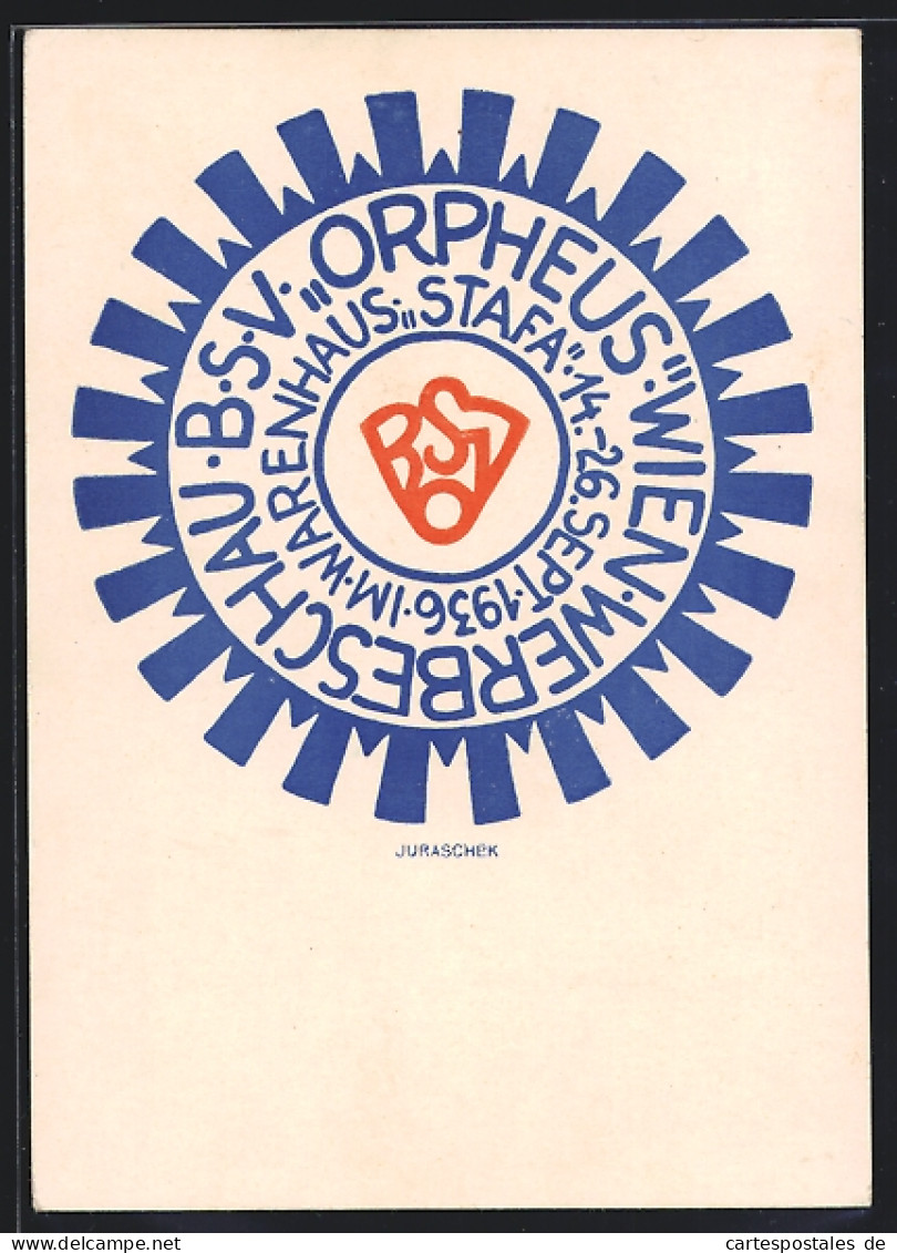 Künstler-AK Sign. Juraschek: Wien, Werbeschau BSV Orpheus 1936 Im Warenhaus Stafa  - Briefmarken (Abbildungen)