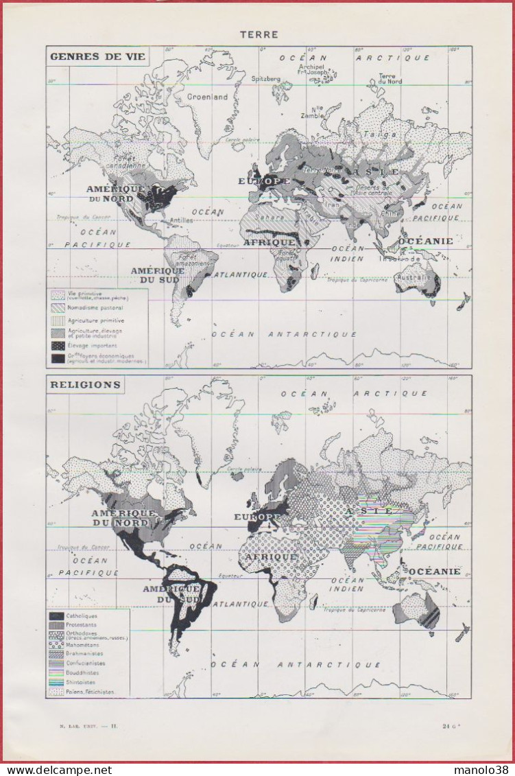 Terre. Niveaux De Vie. Religions, Végétations, Textiles, Cultures Alimentaires, élevage. Divers Cartes. Larousse 1948. - Documents Historiques