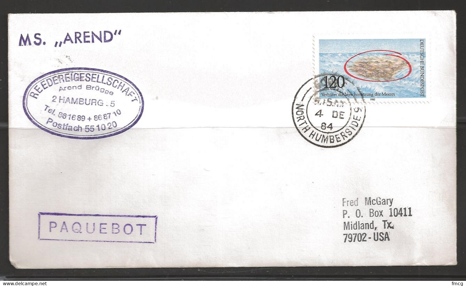 1984 Paquebot Cover, Germany Stamp Mailed In Goole, North Humberside, UK - Lettres & Documents