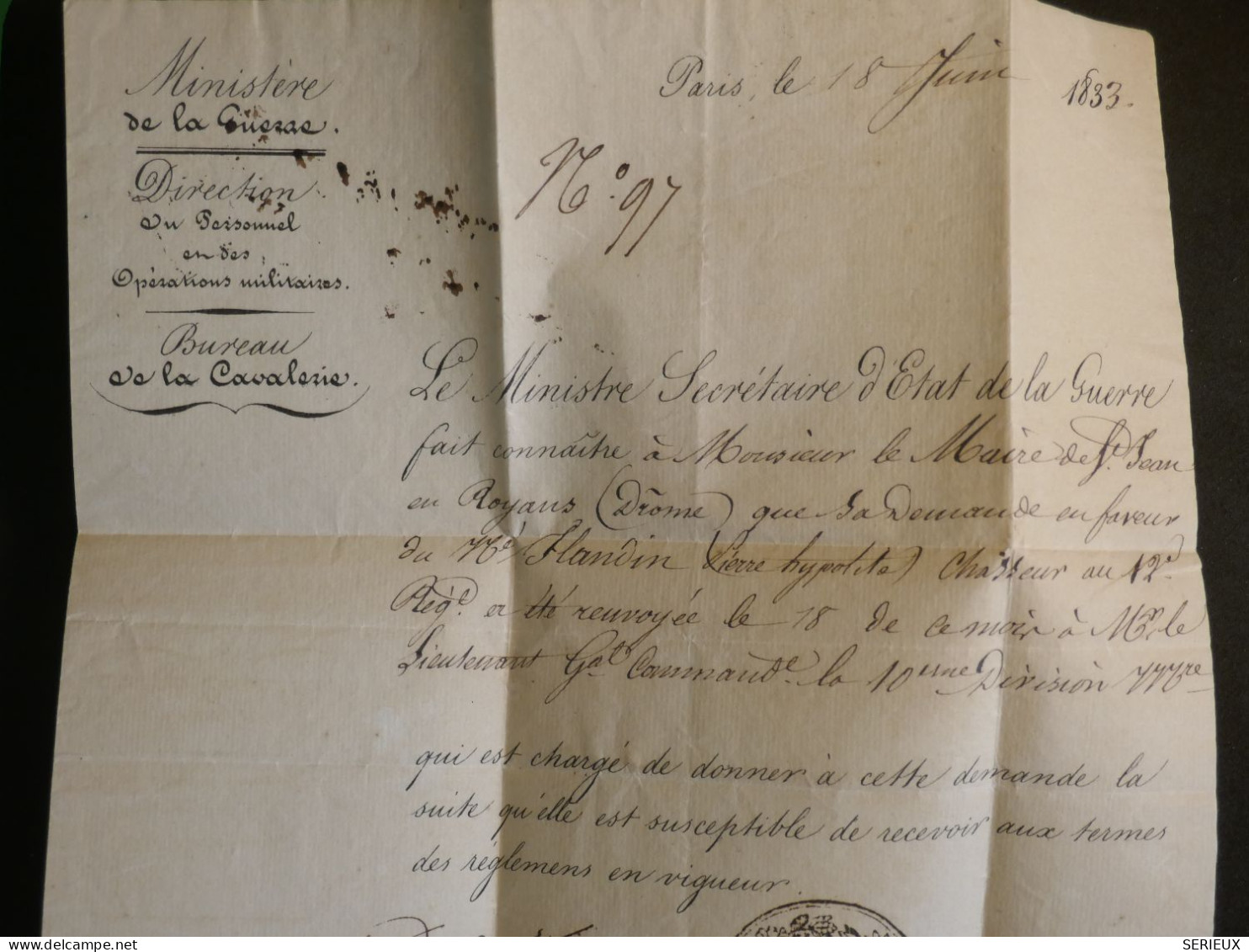 DN19 FRANCE  LETTRE  MINISTERE DE LA  GUERRE 1833 PARIS A ST JEAN  + AFF.  D ETAT+++ - 1801-1848: Precursors XIX