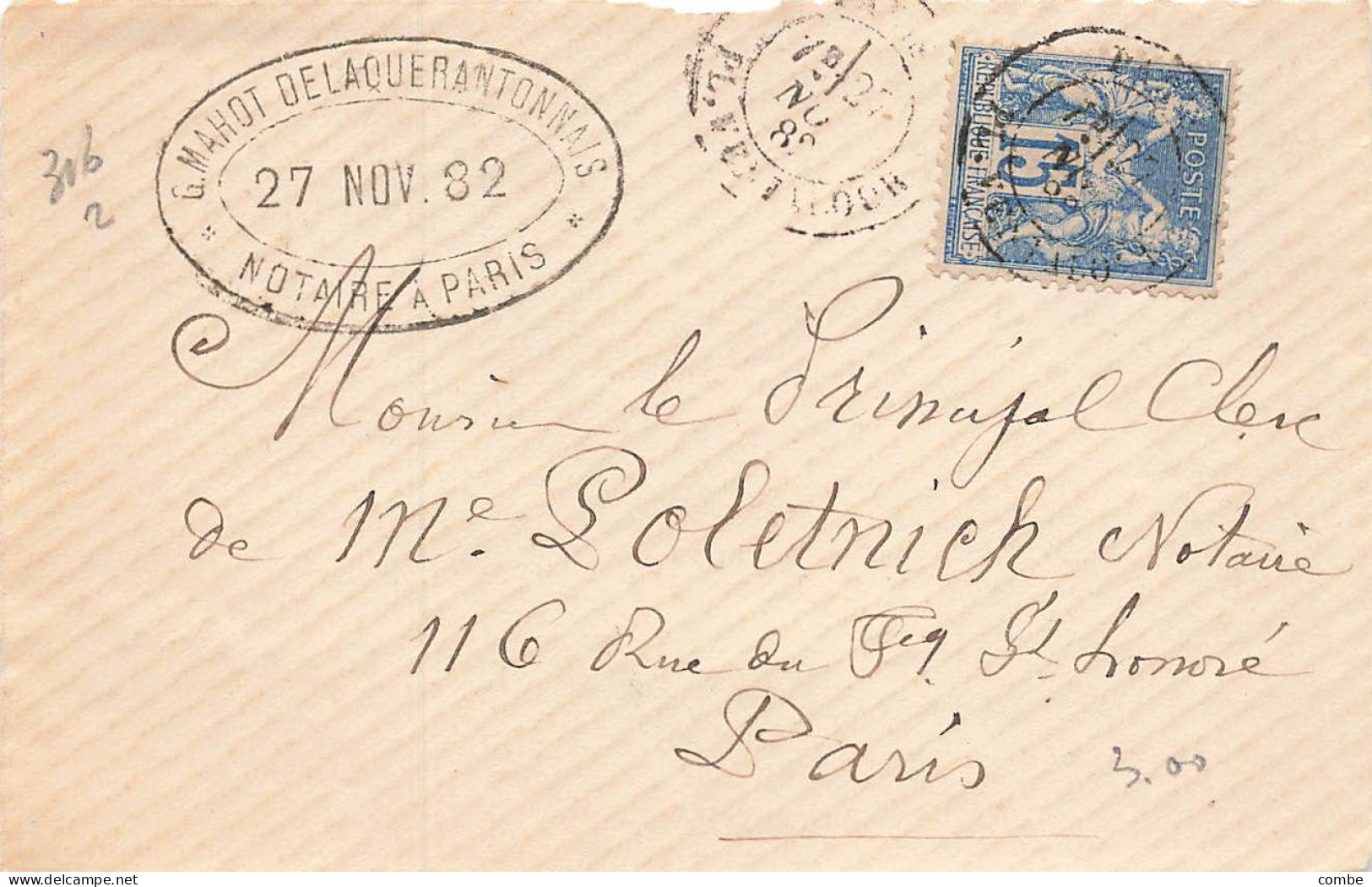 LETTRE. DEVANT. SAGE.  15c. PARIS. 1882. PLACE VENTADROCHE. G.MAHOT DE LAQUERANTONNAIS. NOTAIRE - 1877-1920: Semi Modern Period