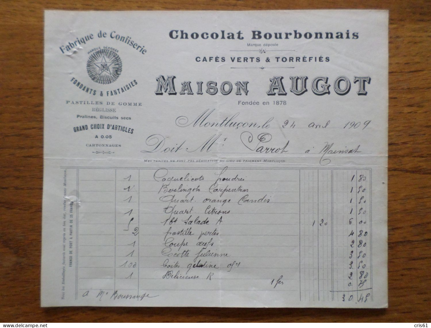 03 MONTLUCON - Facture MAISON AUGOT, Fabrique De Confiserie, Chocolat Bourbonnais Cafés Verts & Torréfiés, Avril 1909 - 1900 – 1949