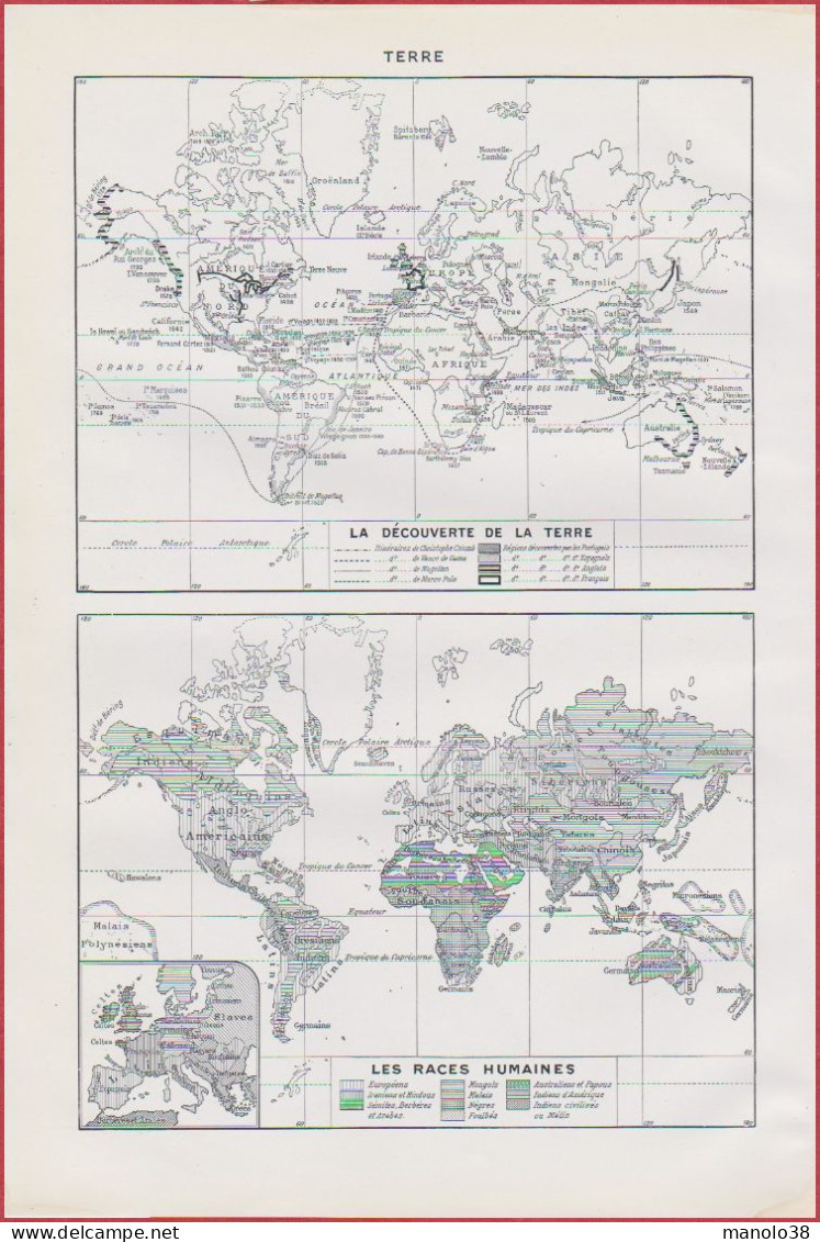 Terre. Découverte De La Terre Par Les Navigateurs. Les Races Humaines. Les Industries, Ressources. Larousse 1948. - Historische Dokumente