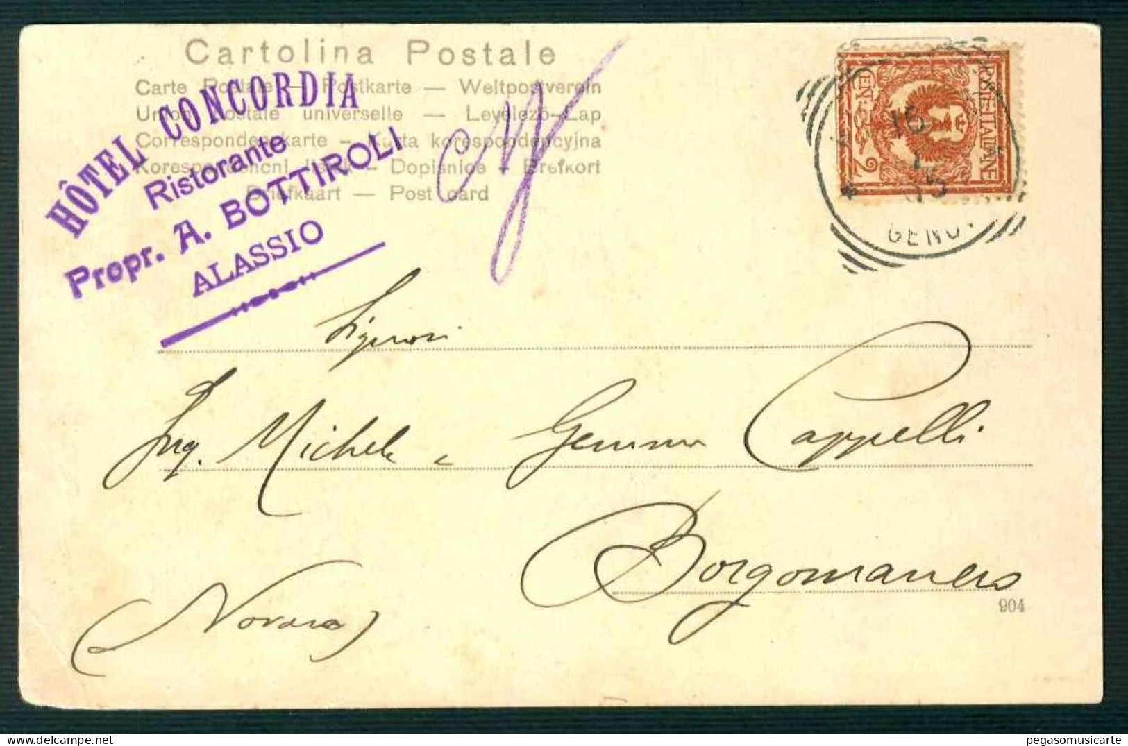 BF133 ALASSIO - PANORAMA - SAVONA - ED PEREGO EGIDIO - HOTEL CONCORDIA RISTORANTE PROPR BOTTIROLI VIAGGIATA 1905 - Otros & Sin Clasificación