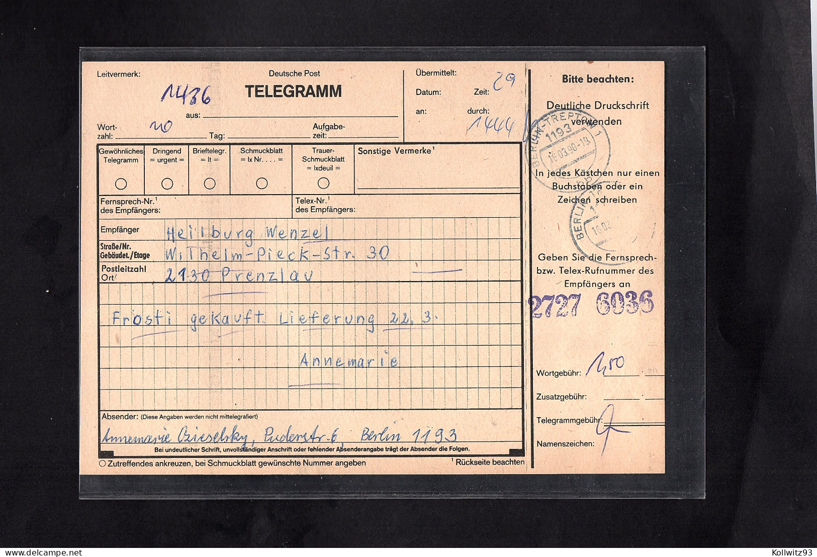 DDR., Telegramm Mit Me.F. Mi.-Nr. 3304 - Brieven En Documenten