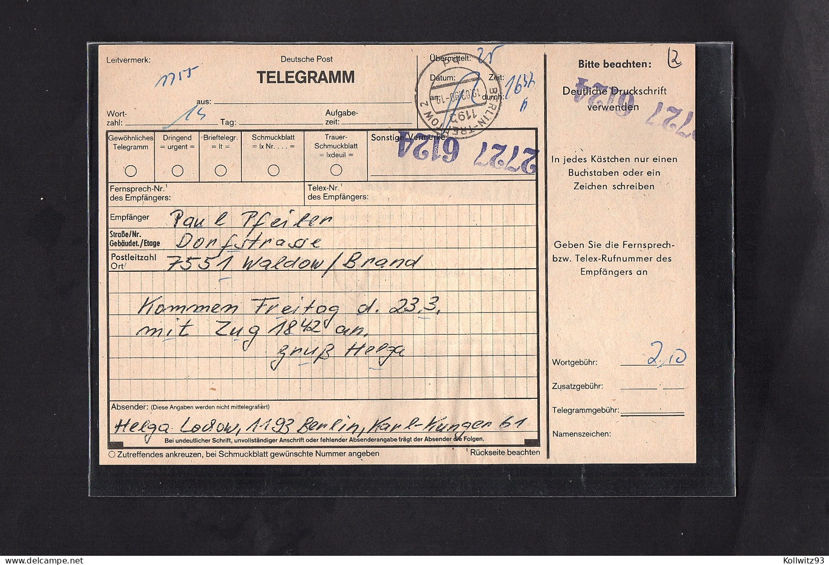 DDR., Telegramm Mit Me.F. Mi.-Nr. 3316 - Lettres & Documents