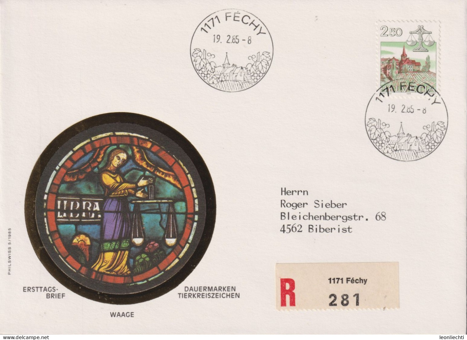 1985 Schweiz Nachnahme Brief, ET, Zum:CH 690 Mi:CH 1288,  Waage, Féchy VD, Tierkreiszeichen - Briefe U. Dokumente