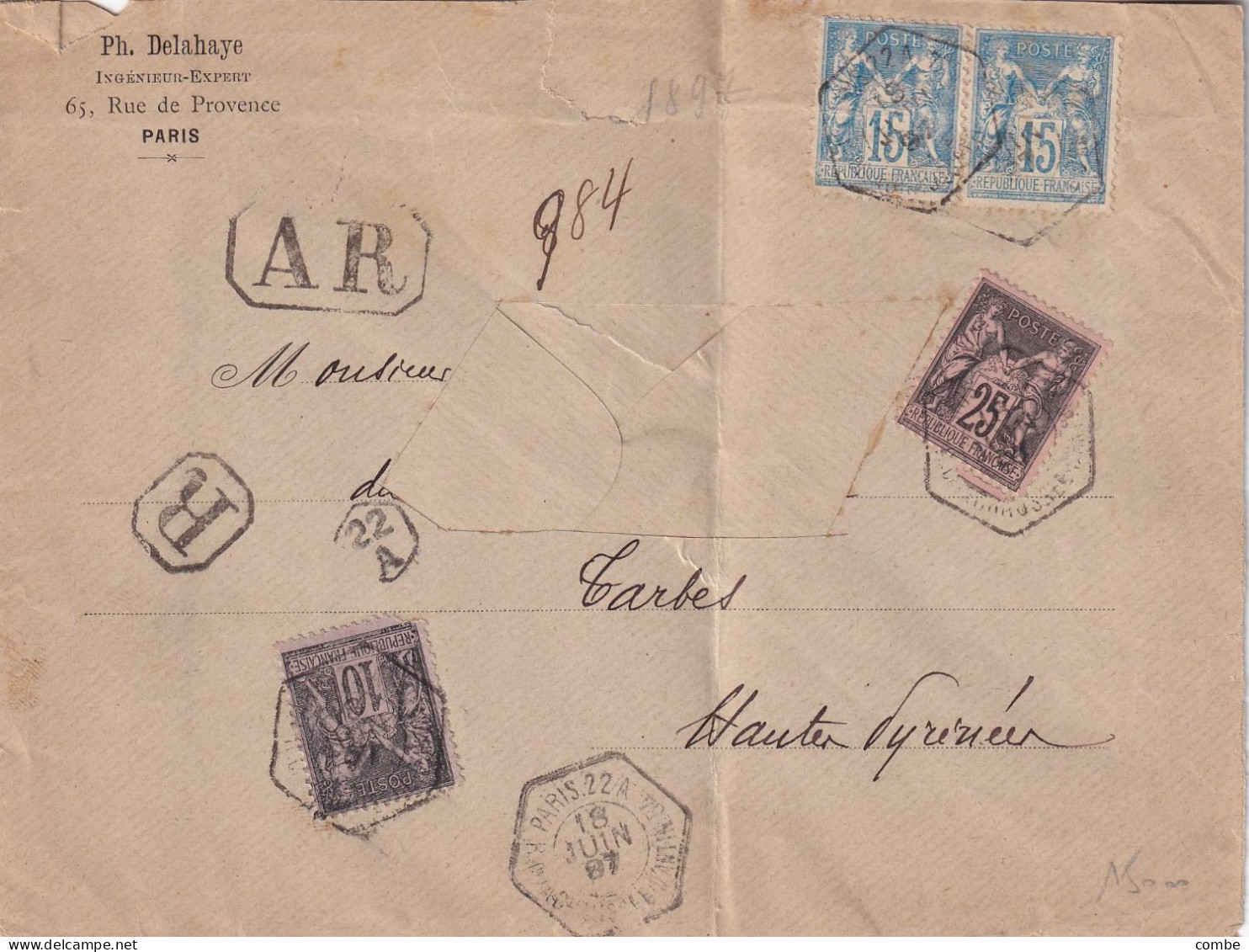 LETTRE. SAGE.  MULTIPLE. 1897. PARIS 22A. RECOMMANDE. AR. POUR TARBES - 1877-1920: Semi Modern Period