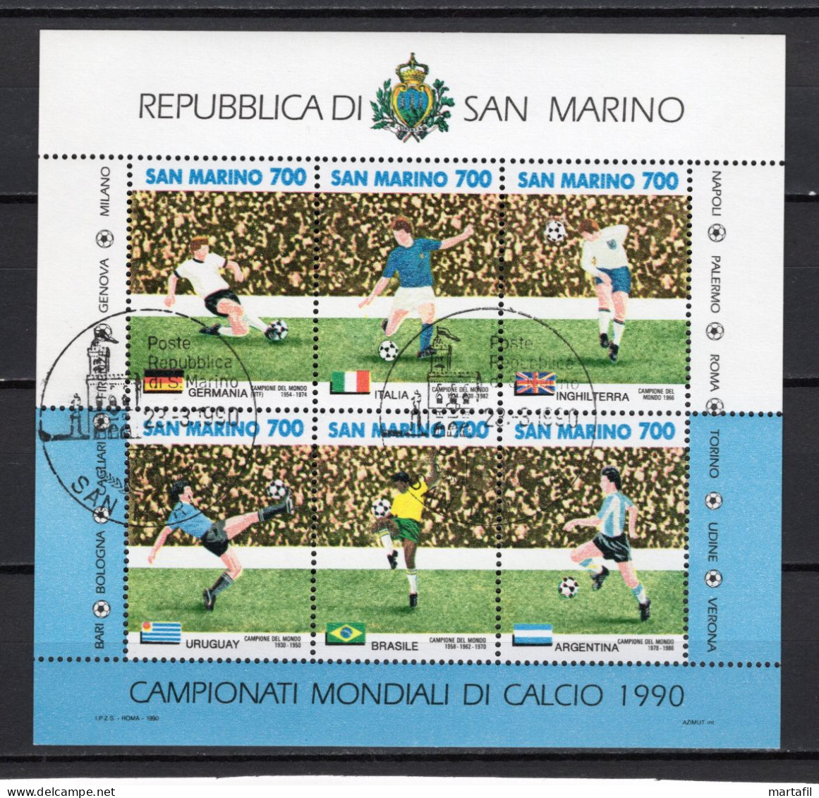 1990 SAN MARINO BF 33 USATO Coppa Del Mondo Di Calcio Italia '90 - Blocchi & Foglietti