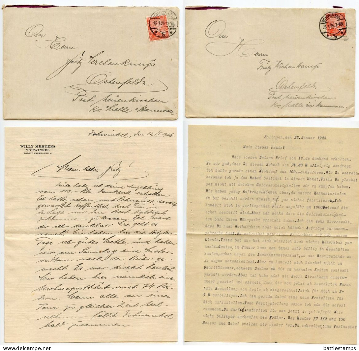 Germany 1926 2 Covers W/ Letters; Vohwinkel To Ostenfelde; 10pf. German Eagle & Rhineland - Covers & Documents
