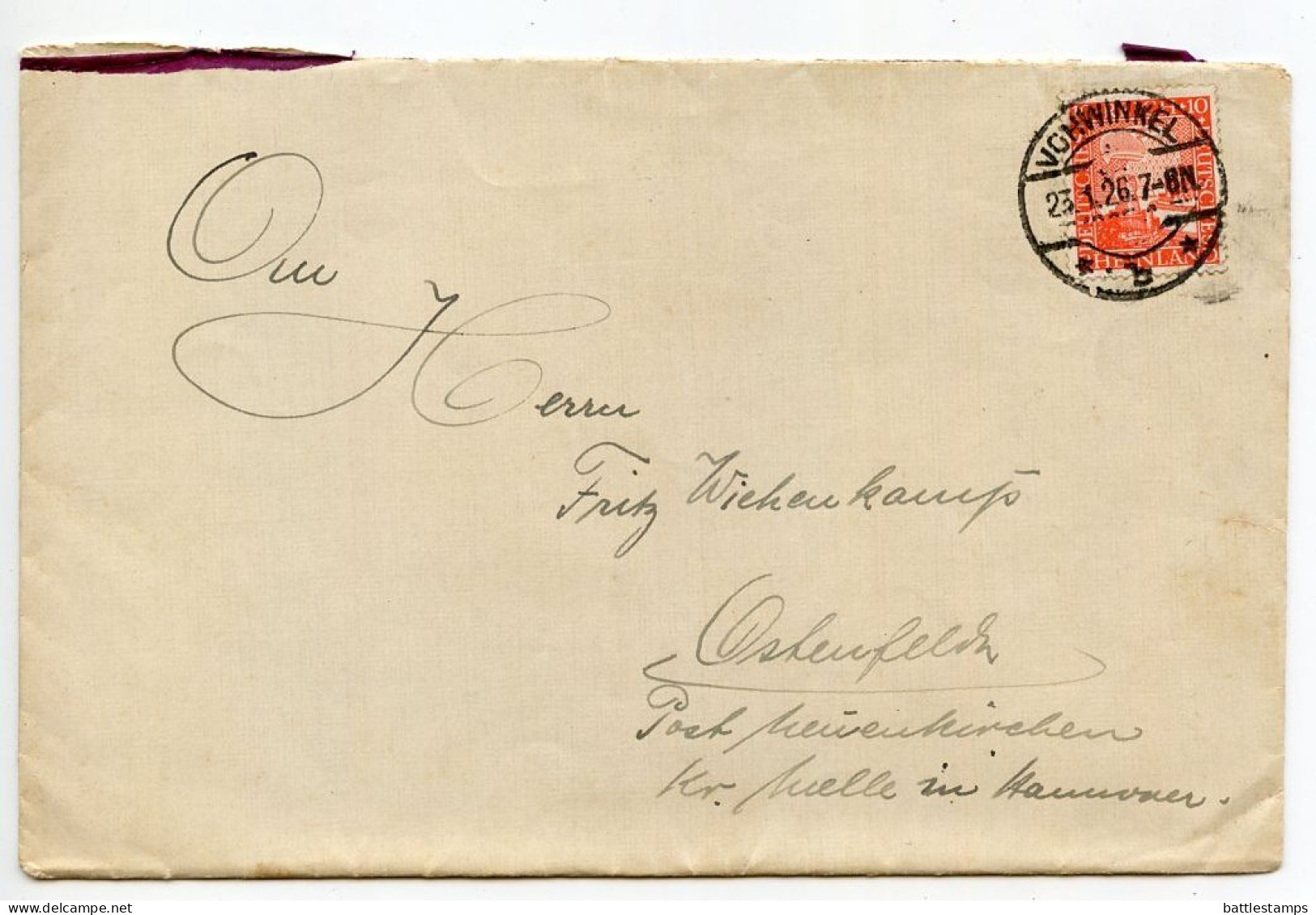 Germany 1926 2 Covers w/ Letters; Vohwinkel to Ostenfelde; 10pf. German Eagle & Rhineland