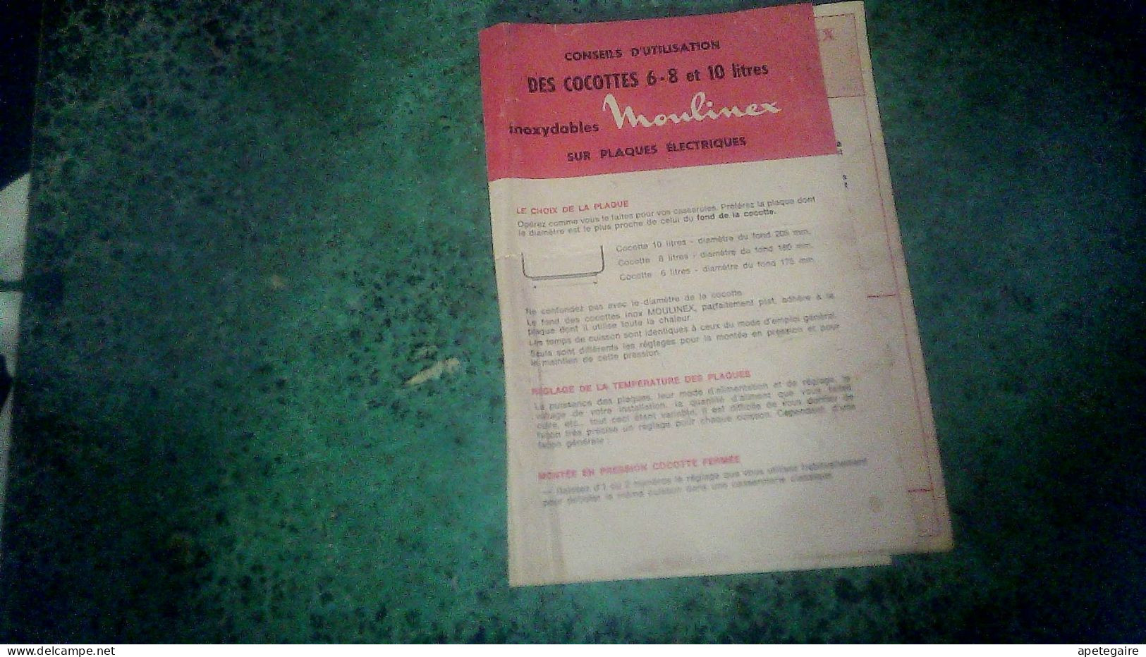 Vieux Papier Livret Technique Autocuiseur Cocote 6,8,10 Litres Sur Plaque électrique Moulinex - Zonder Classificatie