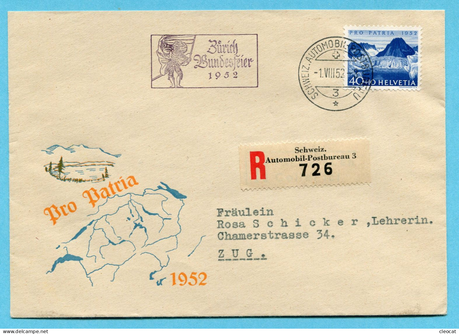 Brief Pro Patria - Gestempelt Zürich Bundesfeier 1952 Und Schweiz. Automobil-Postbureau 1.VIII.52 Auf P2 - Briefe U. Dokumente