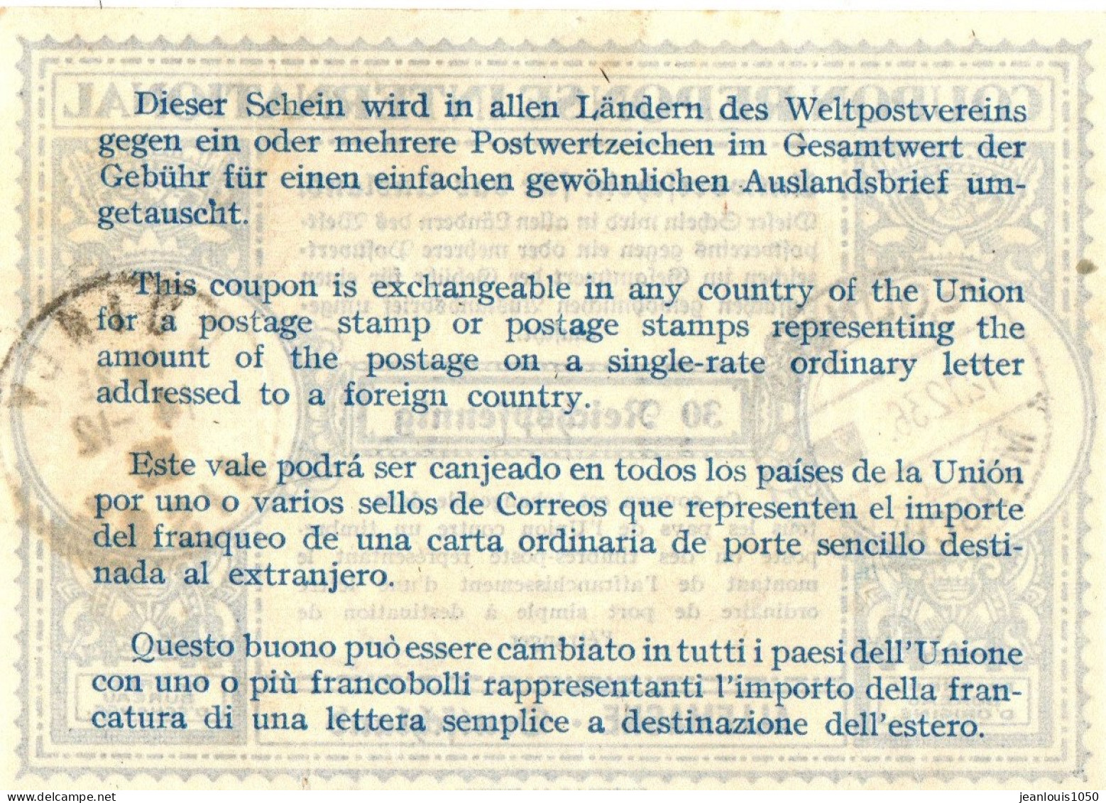 ALLEMAGNE REICH COUPON REPONSE INTERNATIONAL DE 30 PFG OBLITERE SOLINGEN POUR LA FRANCE - Other & Unclassified