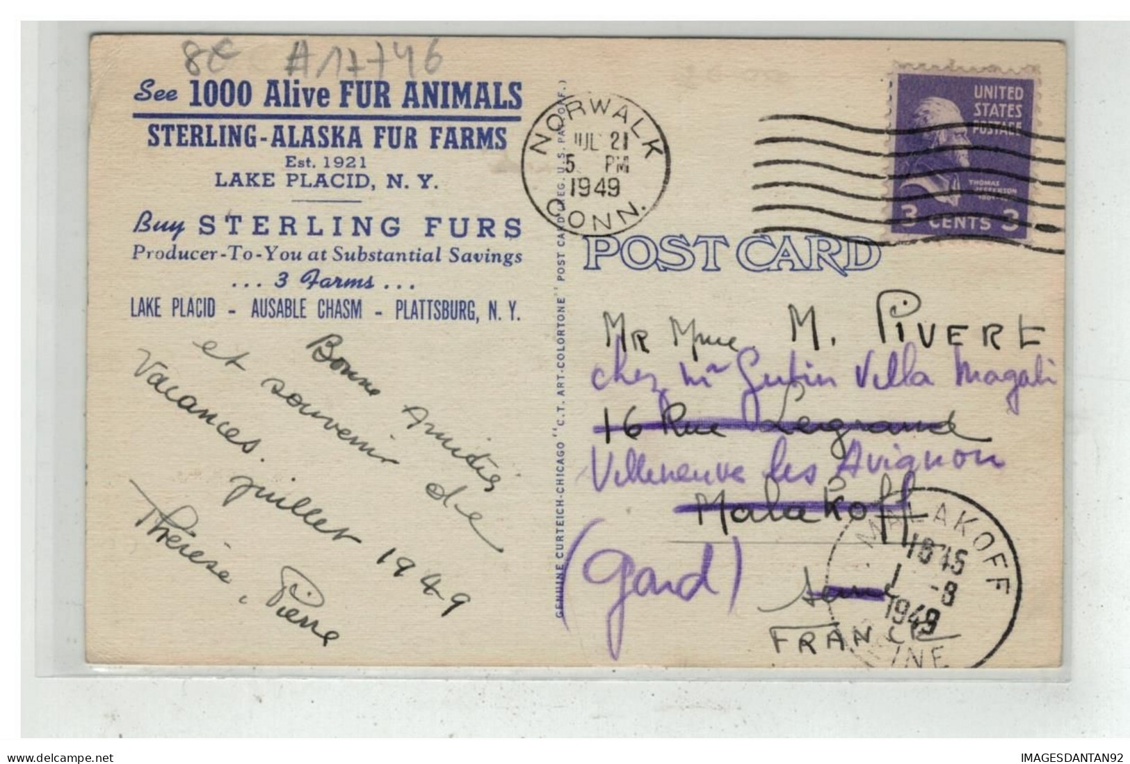 ETATS UNIS USA #17746 STERLING ALASKA FUR FARMS LAKE PLACID STERLING FURS - Other & Unclassified