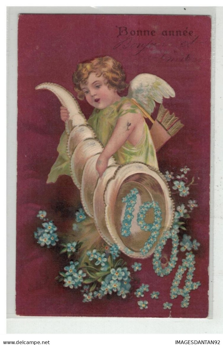 ANGE #17479 ANGELOT CUPIDON TENANT UNE CORNE D ABONDANCE GEANTE MYOSOTIS 1904 NONNE ANNEE GAUFREE DORURE - Anges