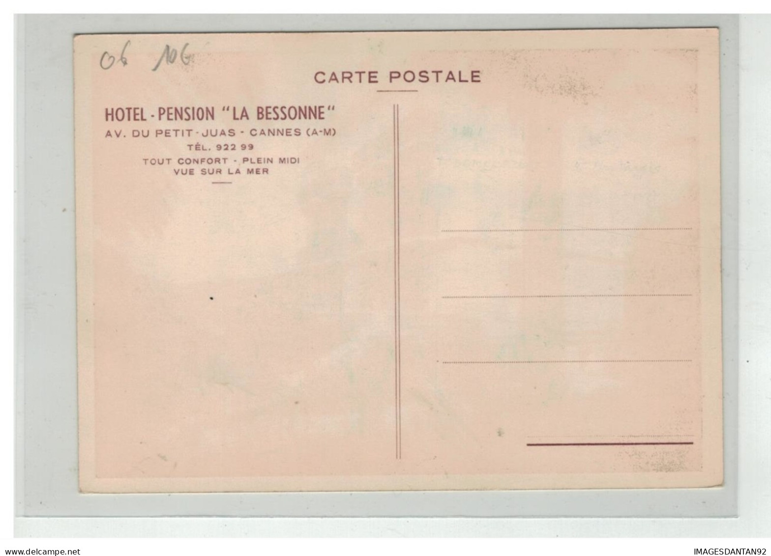 06 CANNES #18905 HOTEL PENSION LA BESSONNE AV DU PETIT JUAS CARTE PUBLICITAIRE - Cannes