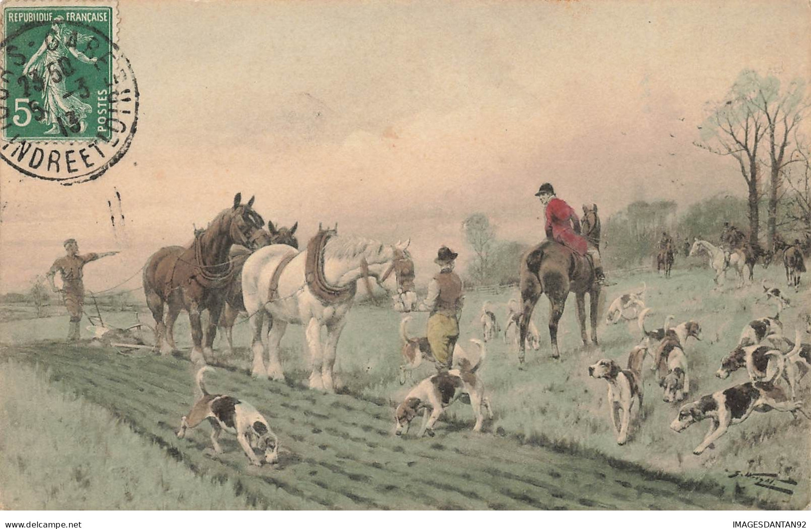 ILLUSTRATEUR #20976 VIENNE SCENE DE CHASSE A COURRE CHIEN MEUTE CHASSEURS ATTELAGE HERSE PAYSAN - Vienne