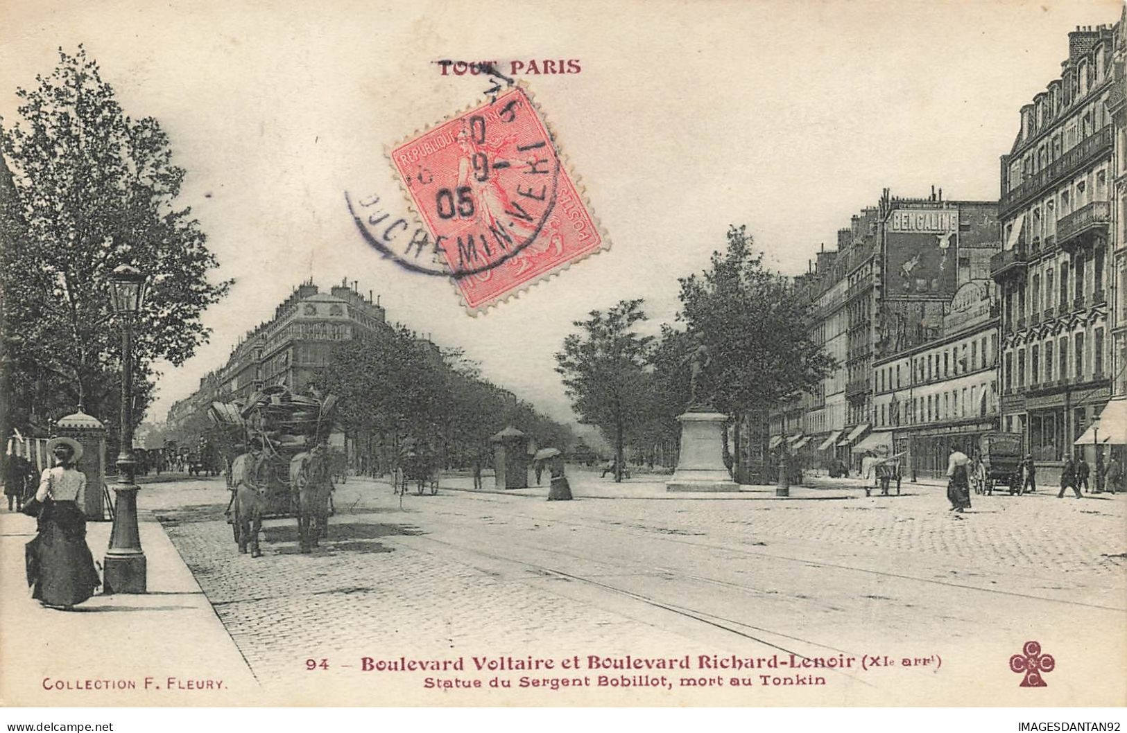 75 PARIS 11 #22627 BOULEVARD VOLTAIRE BOULEVARD RICHARD LENOIR STATUE SERGENT BOBILLOT ATTELAGE CHEVAUX - Arrondissement: 11