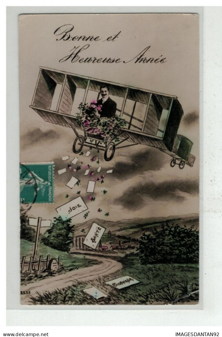 AVIATION #18243 AVION PLANE BONNE ET HEUREUSE ANNEE HOMME A BORD D UN BIPLAN LACHANT DES LETTRES - ....-1914: Precursors