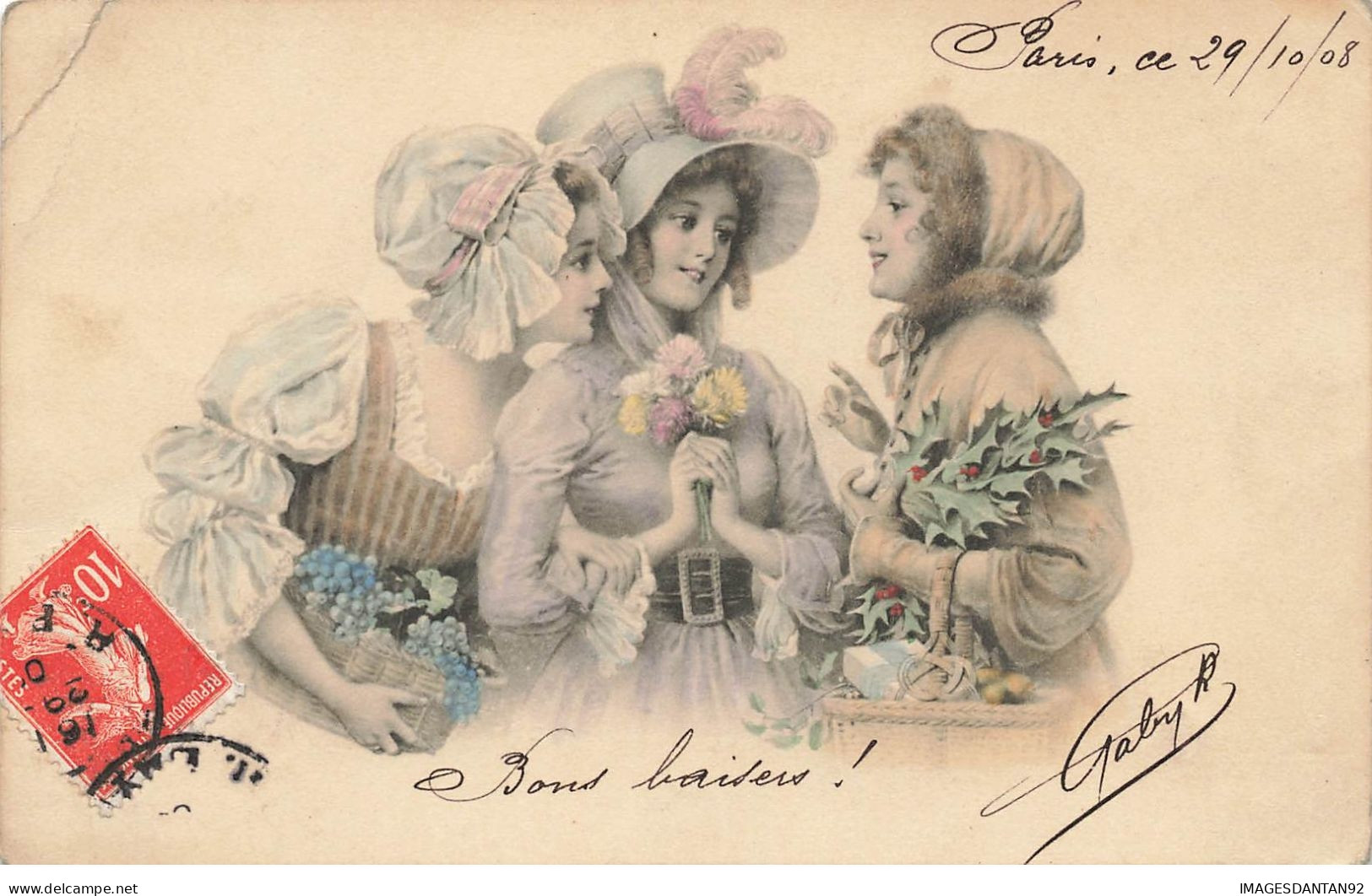 ILLUSTRATEUR #21316 VIENNE VIENNOISE GROUPE DE FEMMES FLEURS GUY CHAPEAU BONNET RAISIN - Vienne