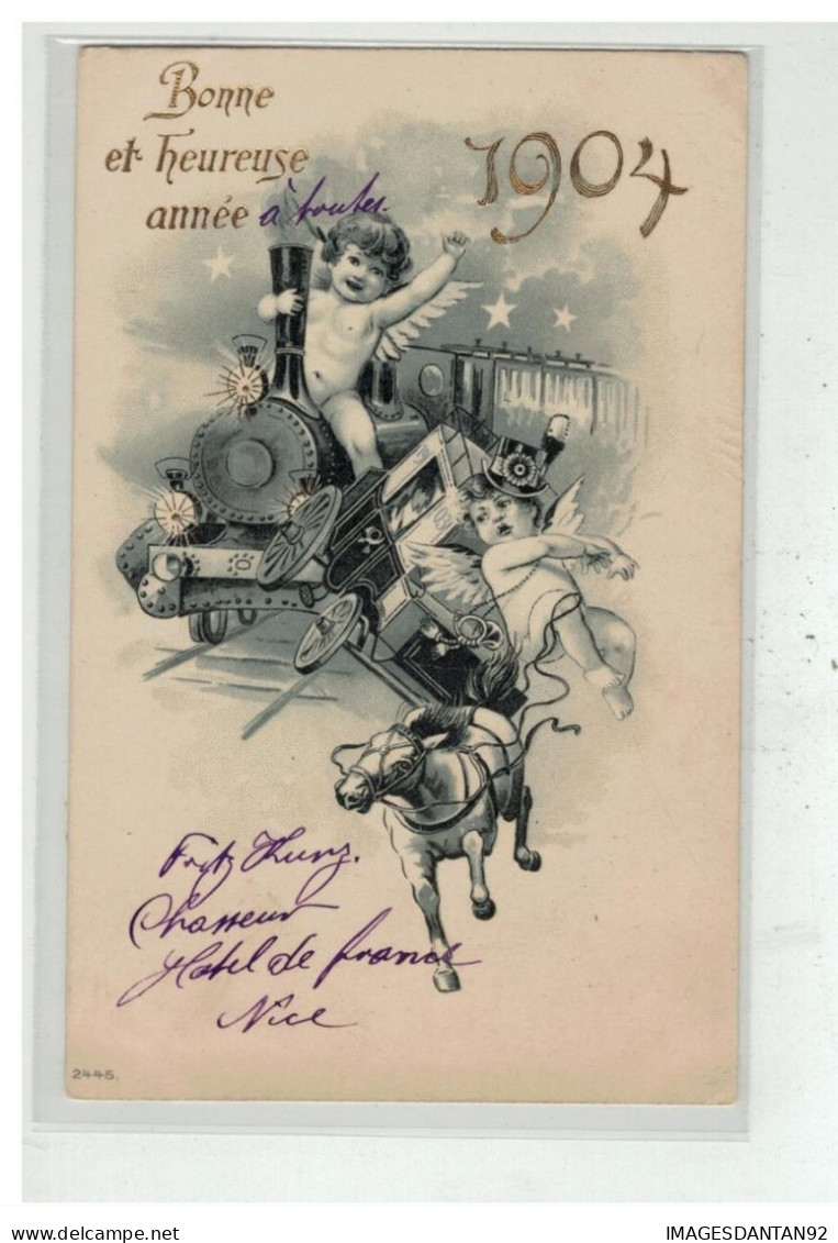 ANGE #17489 ANGELOT A CALIFOURCHON SUR UNE LOCOMOTIVE TRAIN ANNEE 1904 + TAMPON HOTEL DE FRANCE NICE PROP BRAUN - Anges