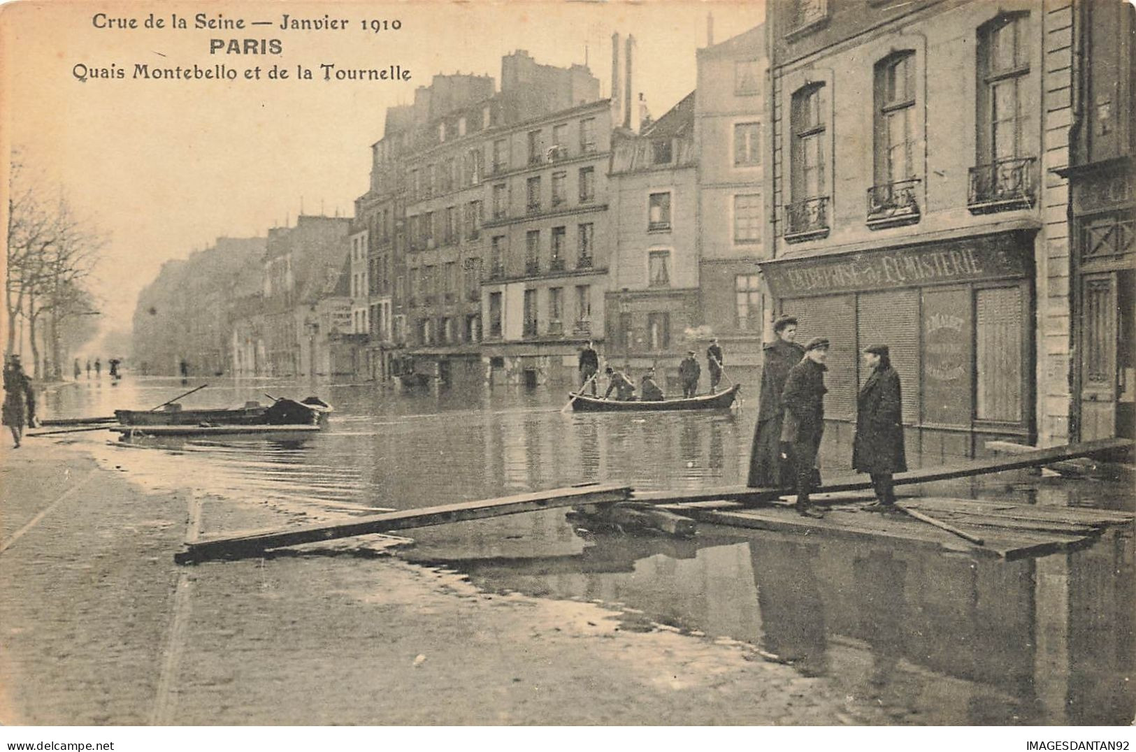 75 PARIS #22791 CRUE DE LA SEINE INONDATIONS 1910 QUAIS MONTEBELLO ET LA TOURNELLE BARQUE CANOT - Überschwemmung 1910