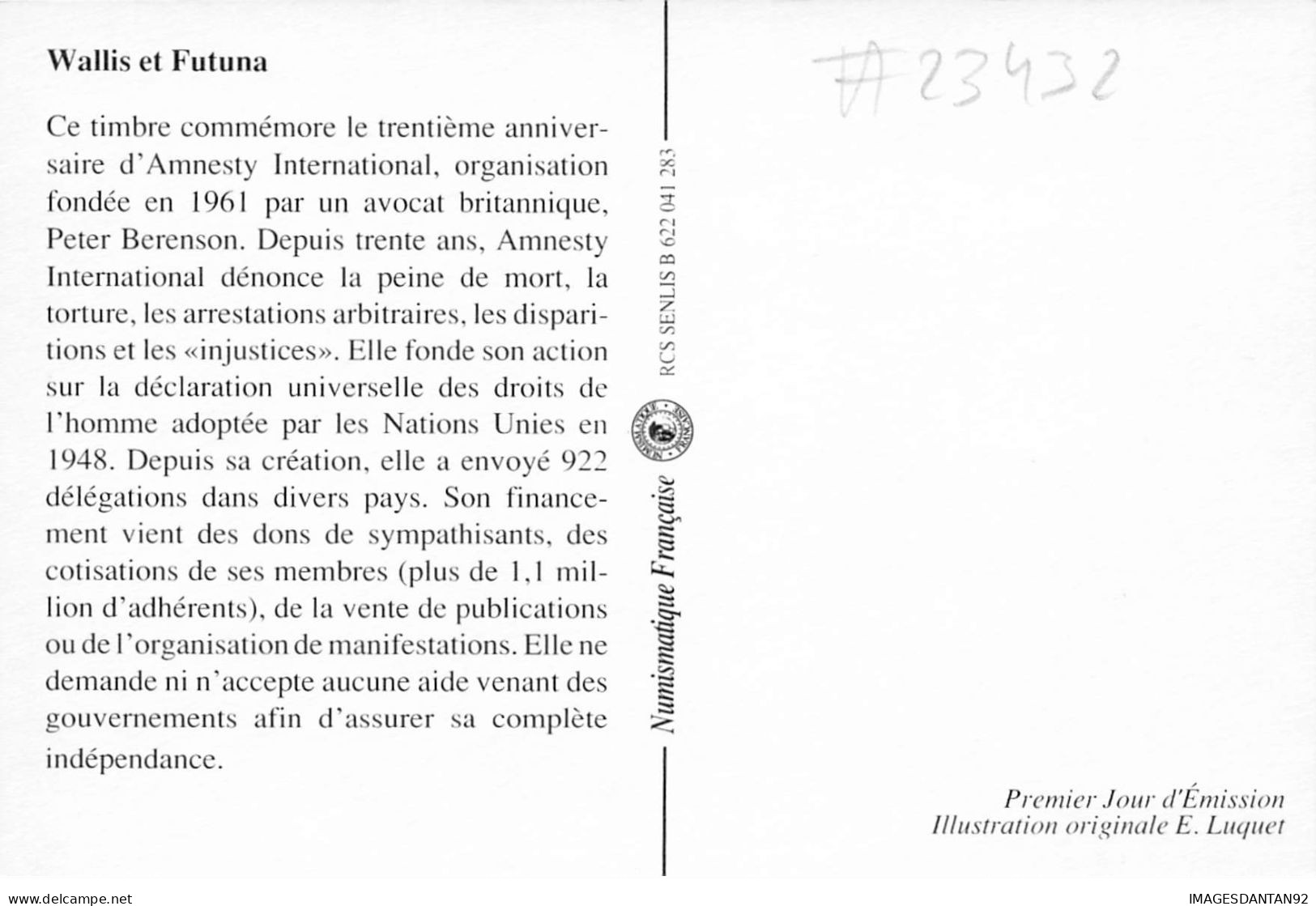CARTE MAXIMUM #23432 WALLIS ET FUTUNA MATA UTU ANNIVERSAIE AMNESTY INTERNATIONAL 1991 - Maximum Cards