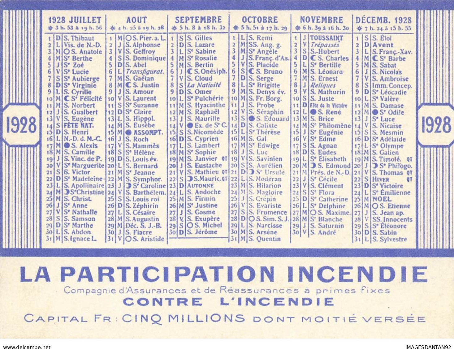 CALENDRIER 1928 #23383 LA PARTICIPATION COMPAGNIE D ASSURANCES CONTRE ACCIDENTS PARIS 75009 RUE DE LONDRES - Tamaño Pequeño : 1921-40